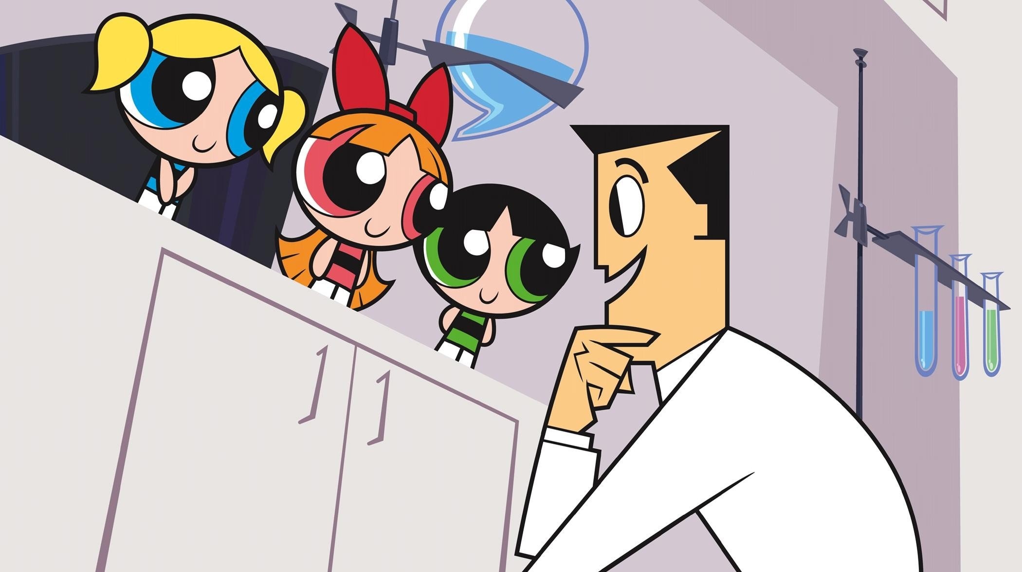 Professor Utonium, Blossom, Bubbles and Buttercup, Science laboratory test tubes, HD Desktop wallpaper