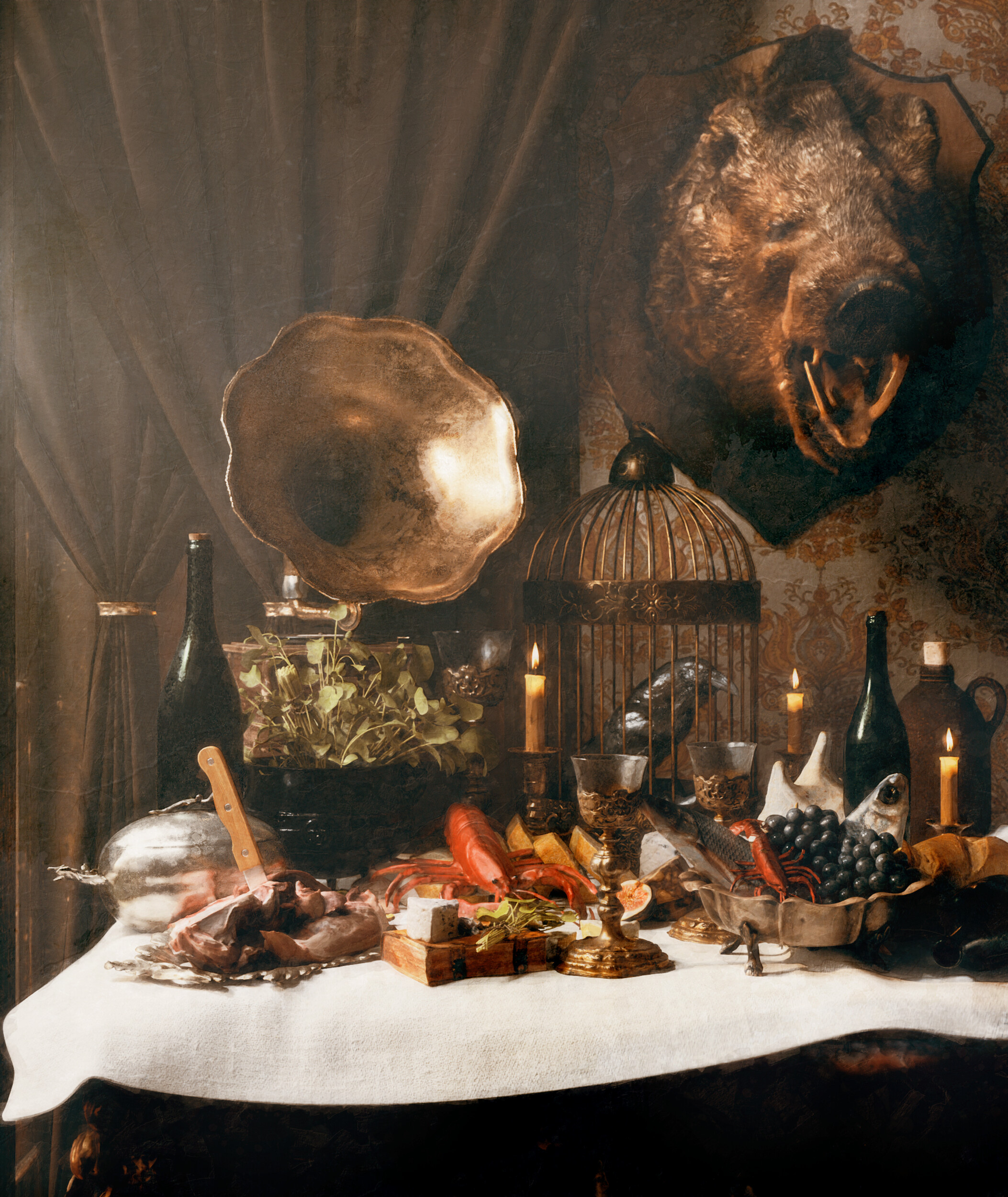 Taxidermy wild boar mount, Antique gramophone horn, Birdcage with black raven, Banquet feast still life, HD Phone wallpaper