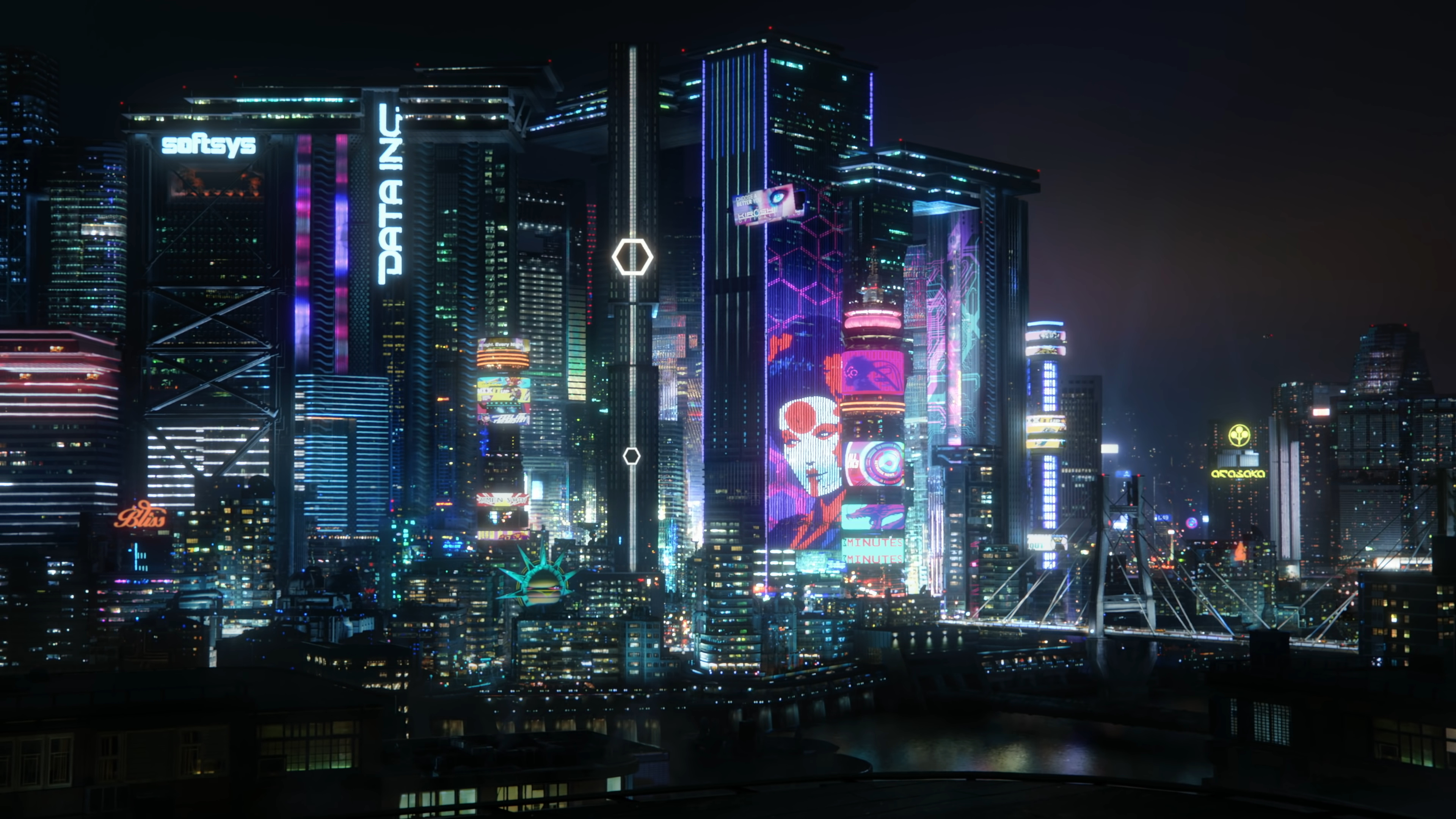 Cyberpunk 2077 Night City, geisha hologram billboard, DATA INC neon sign, Arasaka waterfront logo, 4K Desktop wallpaper
