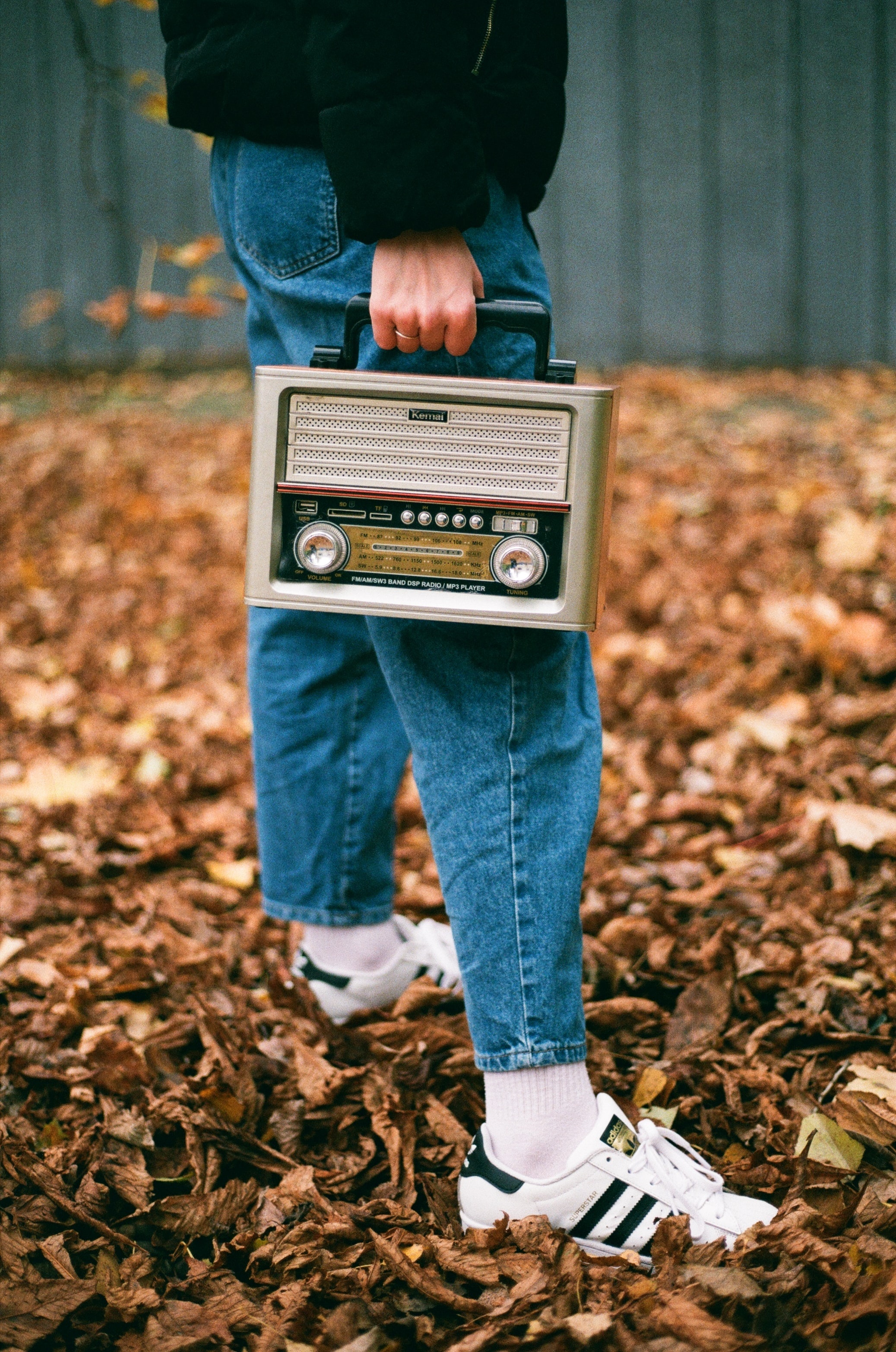 Vintage portable radio, Adidas Superstar sneakers, Fallen autumn leaves, HD Phone wallpaper