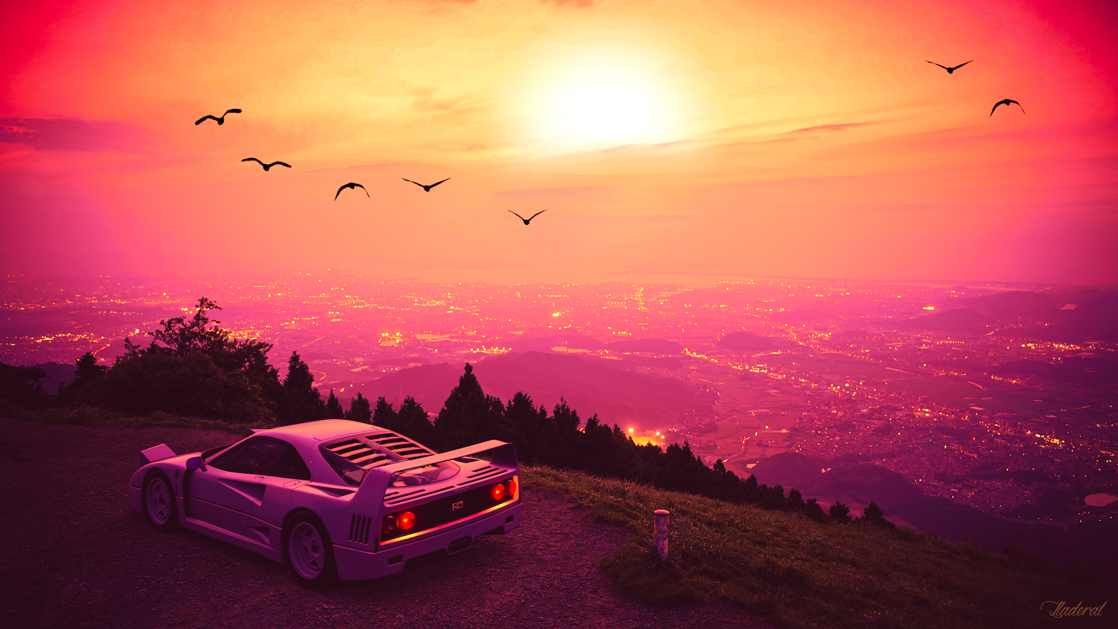 Ferrari F40, cityscape mountain overlook, pink sunset sky, 4K Desktop wallpaper