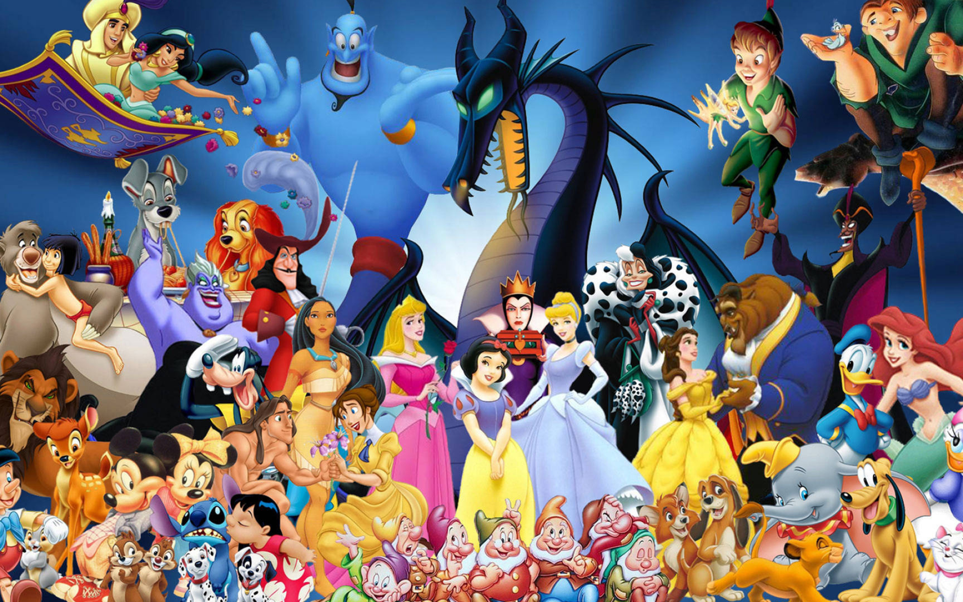 Disney Princesses, Snow White, Cinderella, Maleficent dragon, Genie, HD Desktop wallpaper