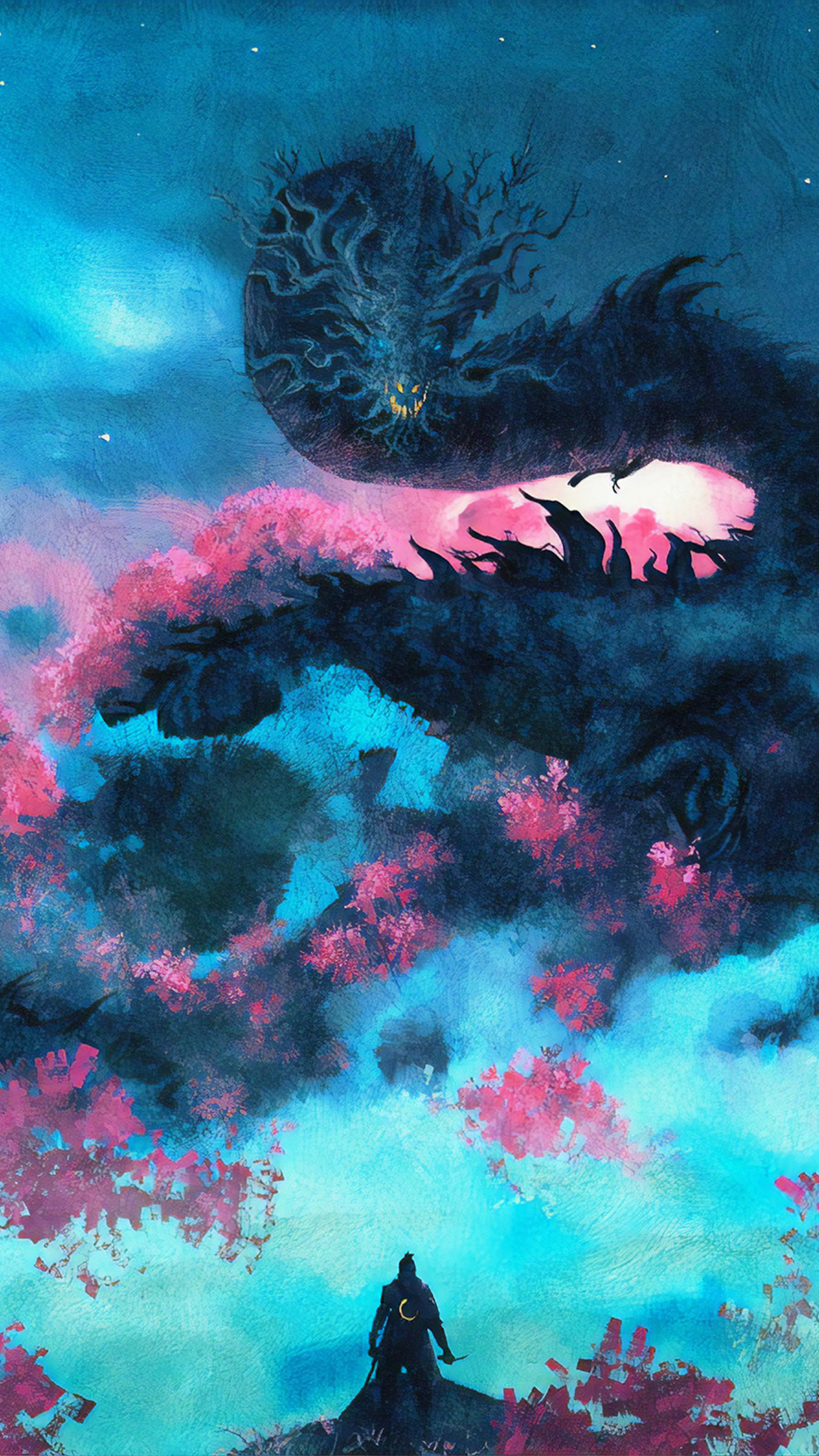 Divine Dragon, Sekiro, pink cherry blossoms, 4K Phone wallpaper
