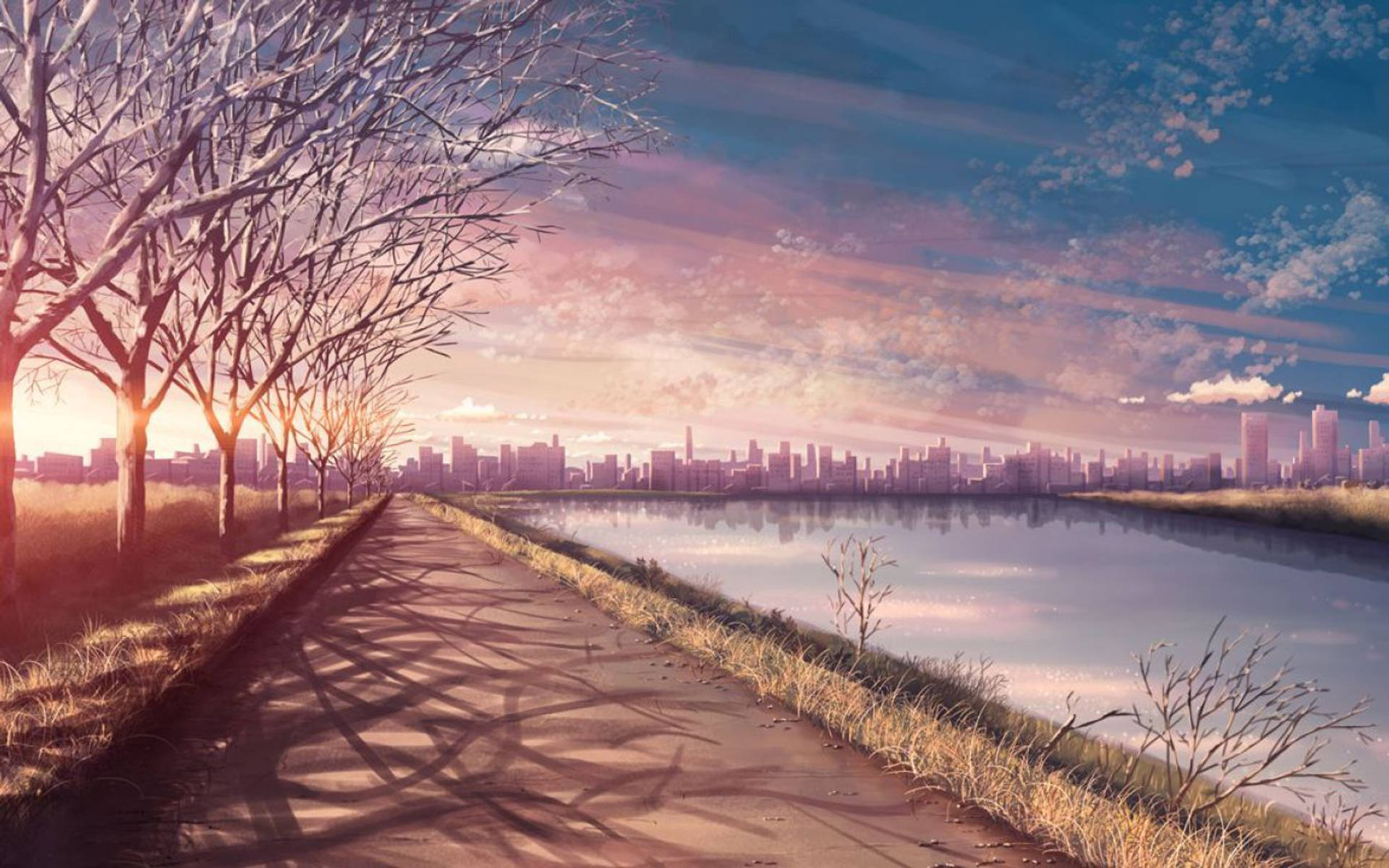tree-lined riverside path, distant city skyline, pastel sunset clouds, HD Desktop wallpaper