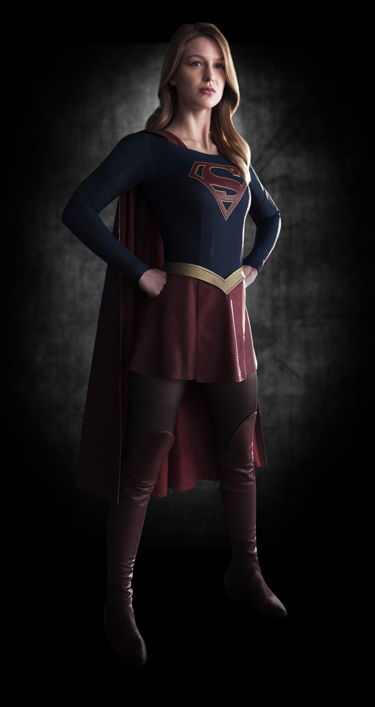 Melissa Benoist as Supergirl, House of El symbol, Dark textured studio backdrop, HD Phone wallpaper
