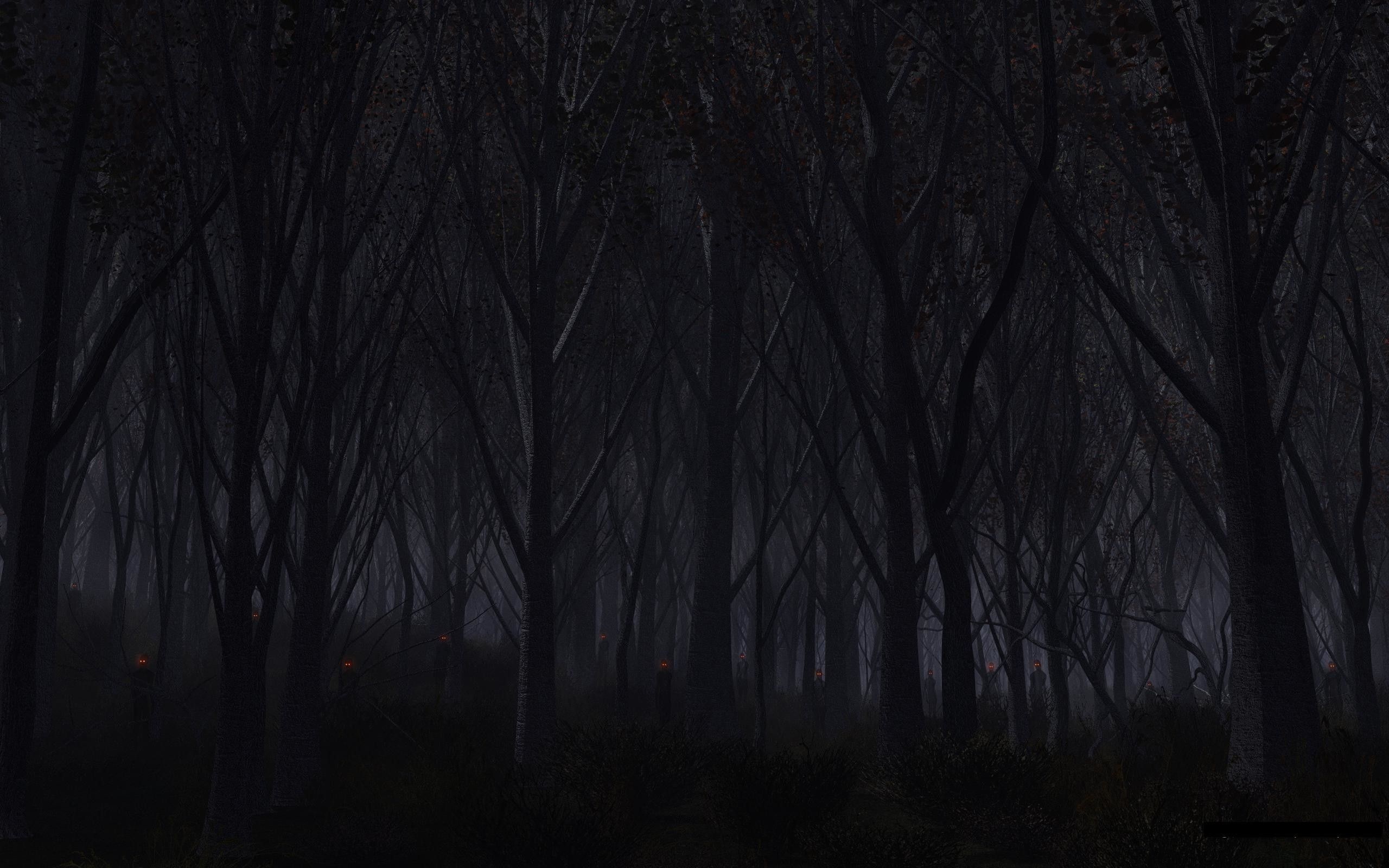 glowing red eyes, bare tree silhouettes, dark misty forest, HD Desktop wallpaper