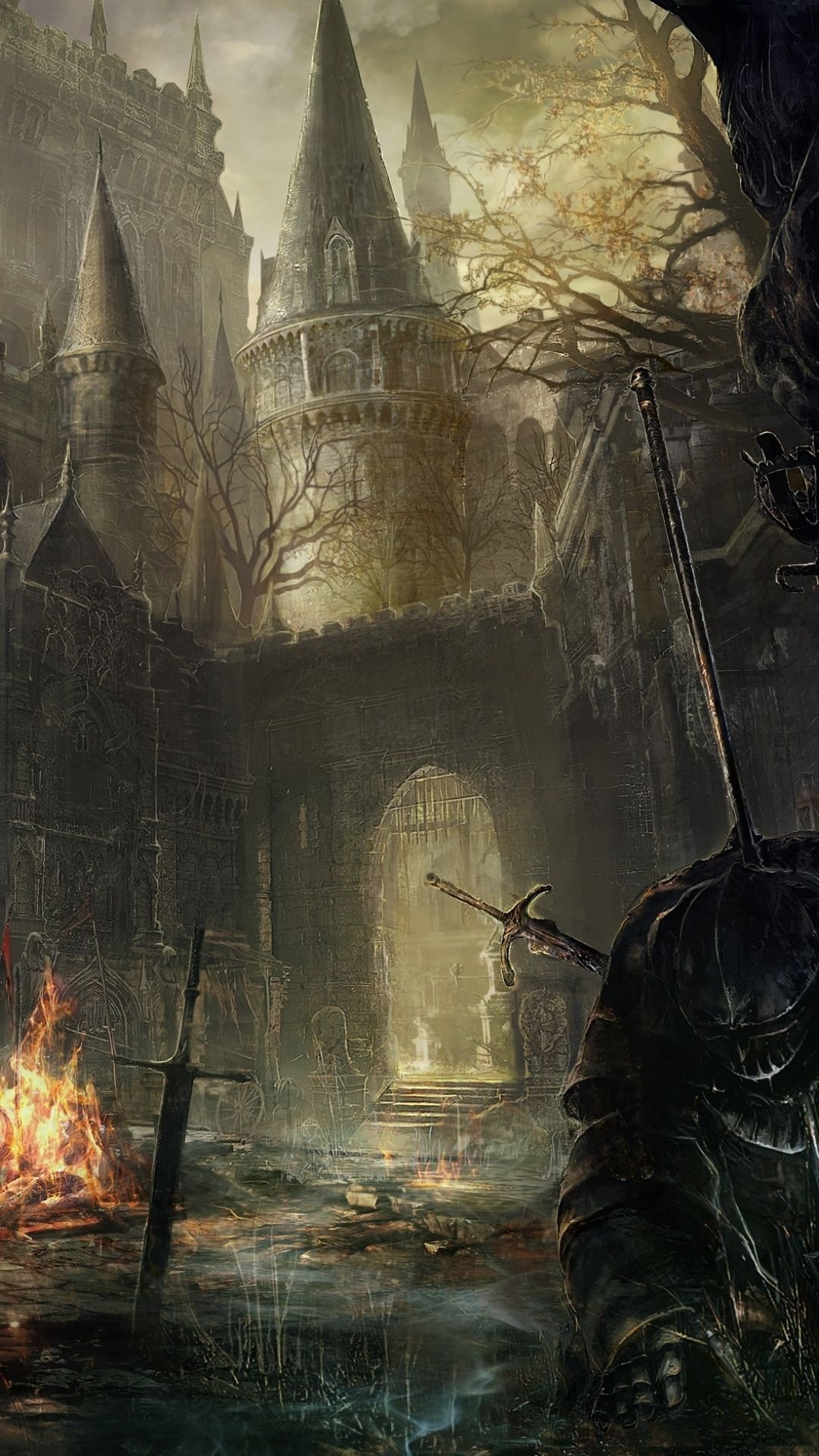 High Wall of Lothric, Dark Souls bonfire, armored knight, Full HD Phone wallpaper