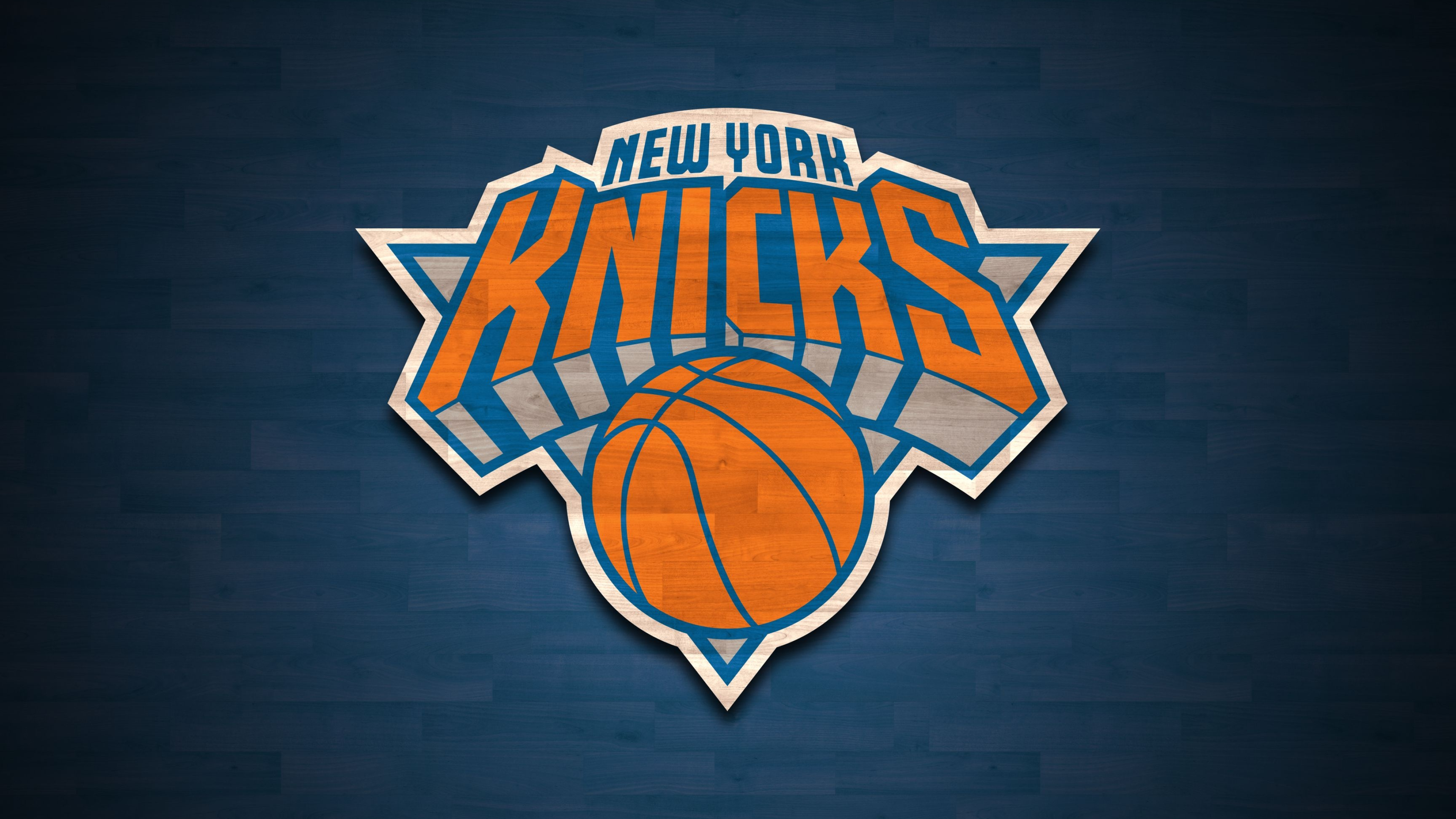 New York Knicks crest logo, Orange basketball triangle emblem, NBA hardwood court backdrop, 4K Desktop wallpaper
