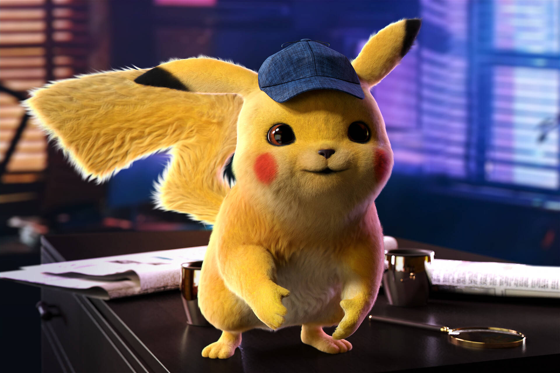 Detective Pikachu, blue detective cap, detective office desk, HD Desktop wallpaper