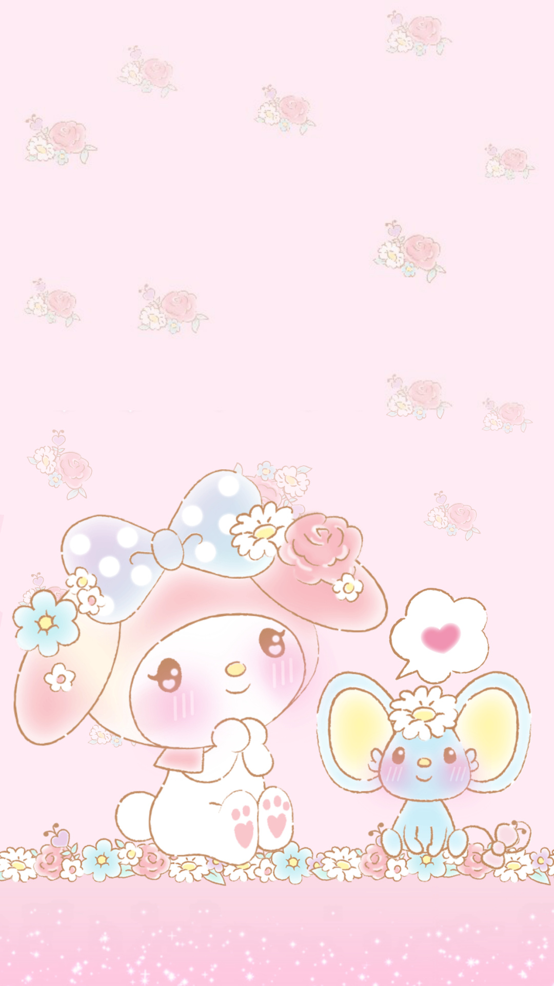 My Melody, Flat the Mouse, pastel pink floral pattern, Full HD Phone wallpaper