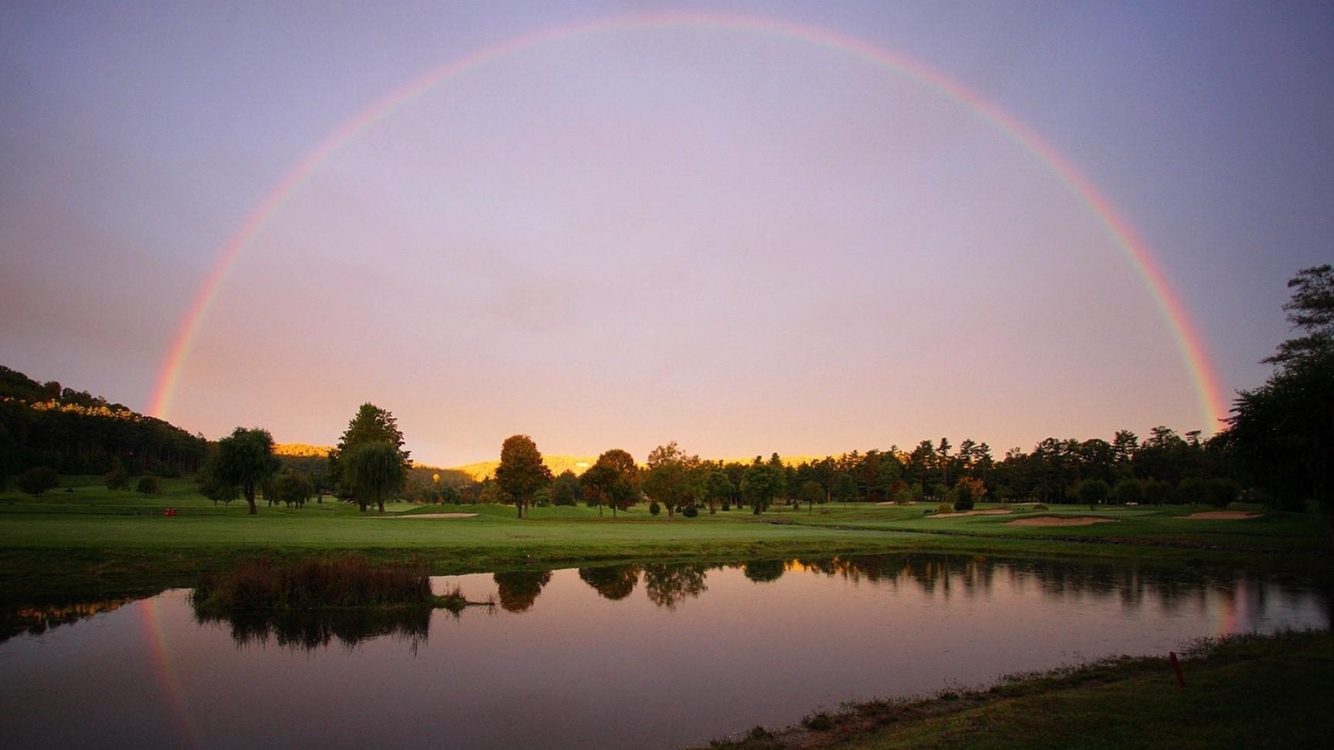 Full arch rainbow, Golf course fairway, Calm pond reflection, Full HD Desktop wallpaper