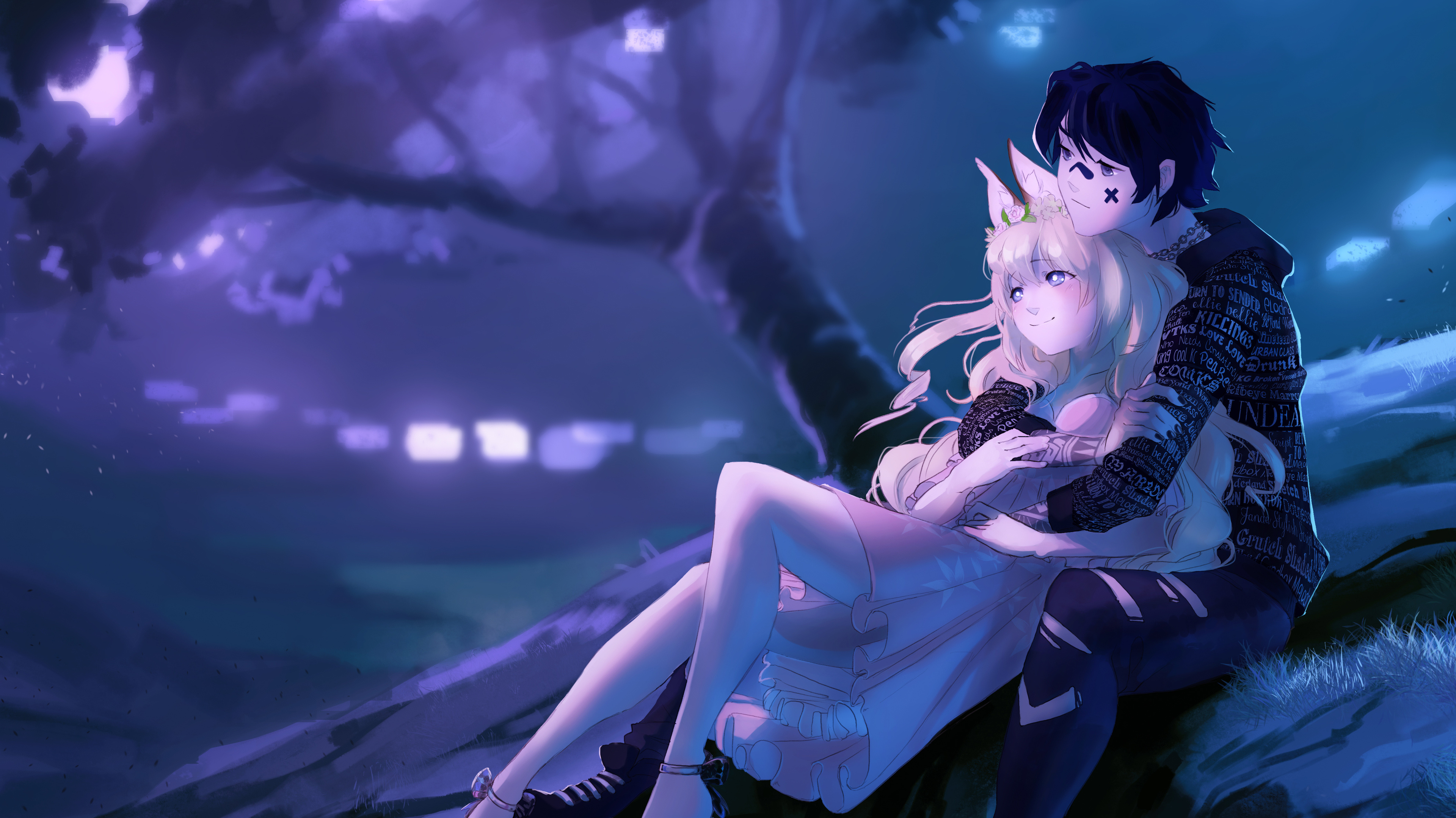 blonde kemonomimi girl, dark haired anime boy, purple glowing night landscape, 4K Desktop wallpaper