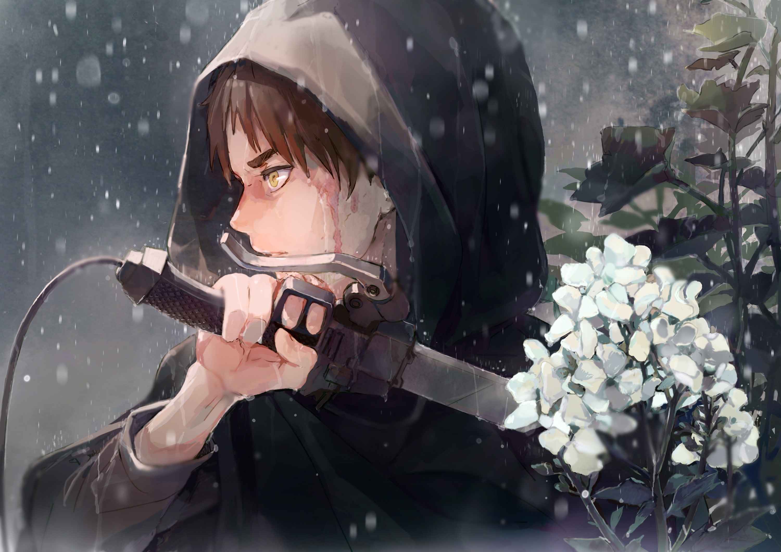 Eren Yeager, ultrahard steel blade hilt, white hydrangea flowers, HD Desktop wallpaper