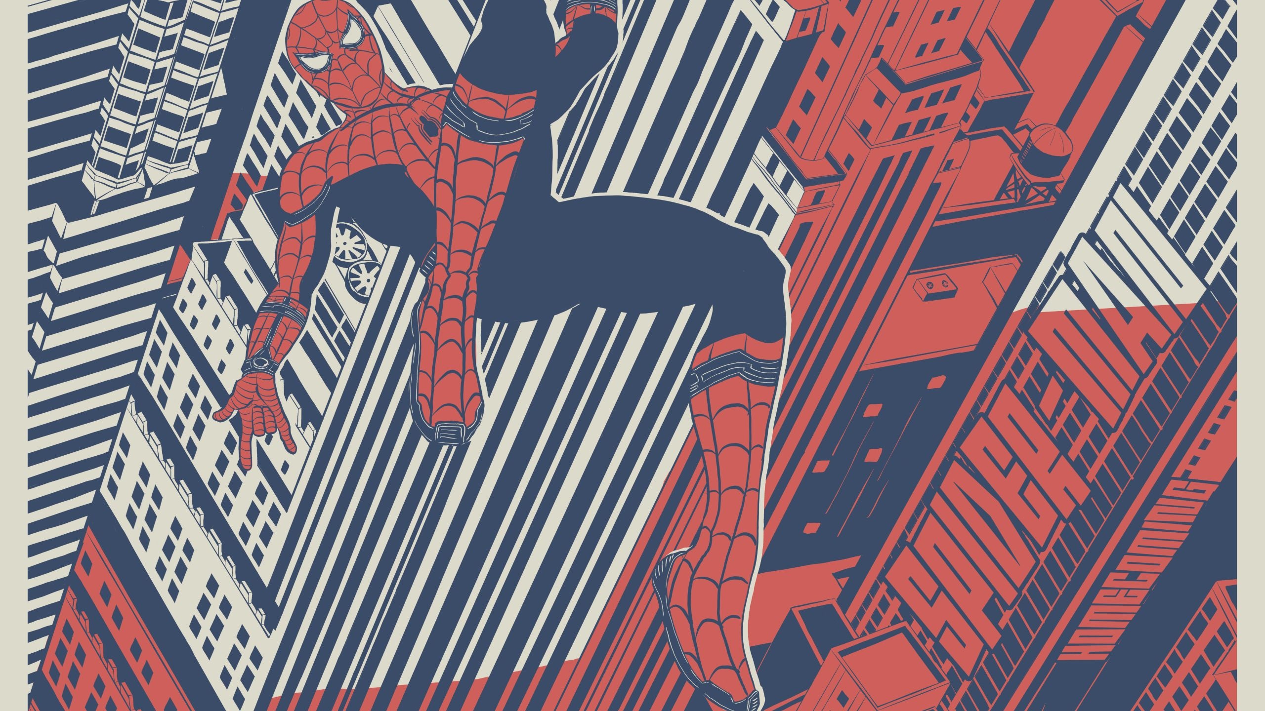 Spider-Man, SPIDER-MAN HOMECOMING text, stylized skyscraper cityscape, HD Desktop wallpaper