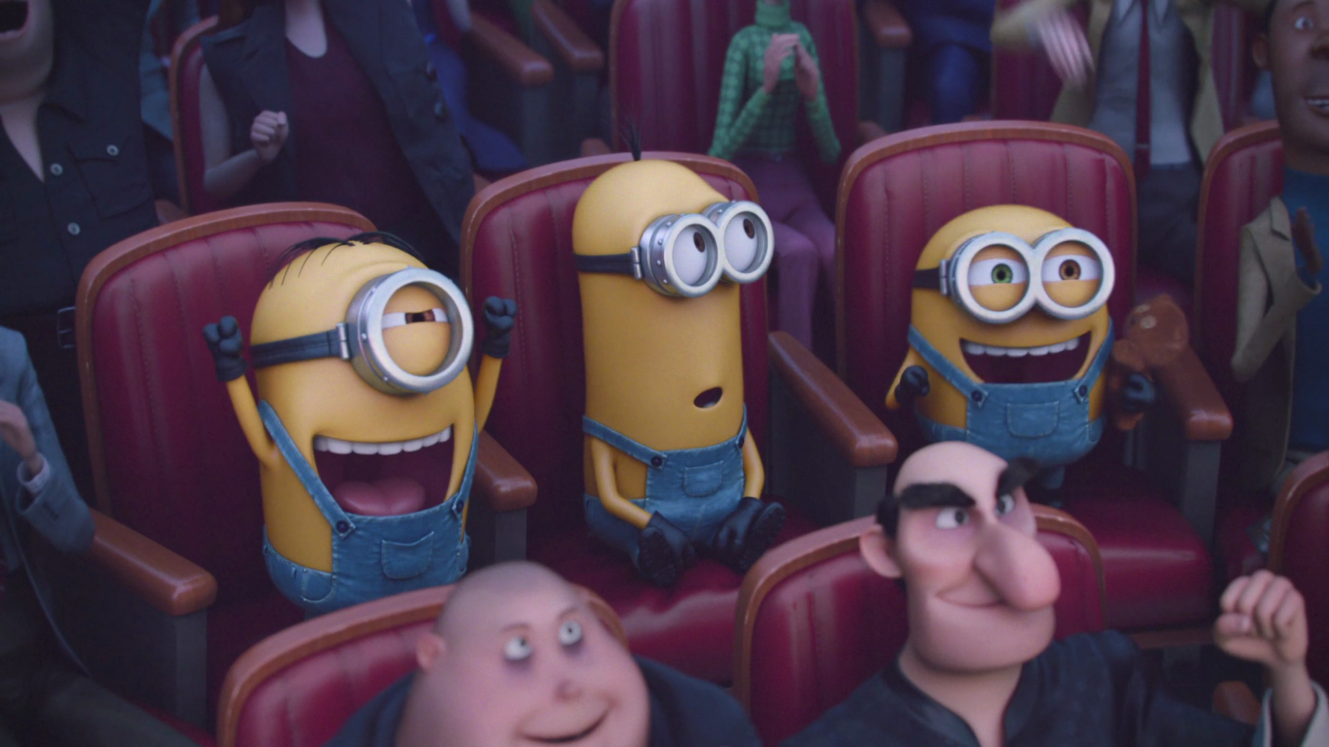 Minion Bob, Minion Kevin, Minion Stuart, red cinema seats, Full HD Desktop wallpaper