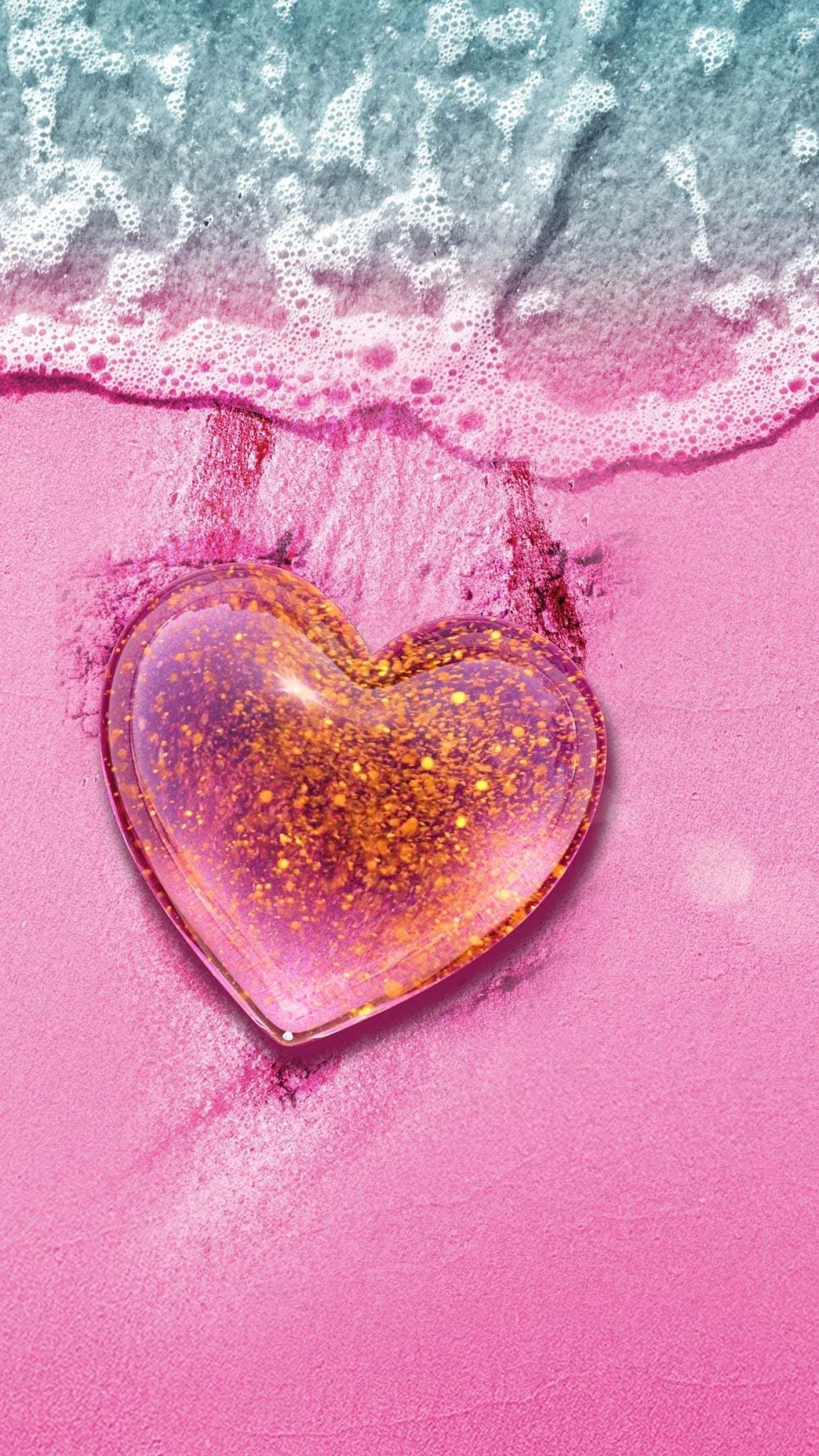 glitter filled glass heart, pink sand beach, ocean surf foam, HD Phone wallpaper