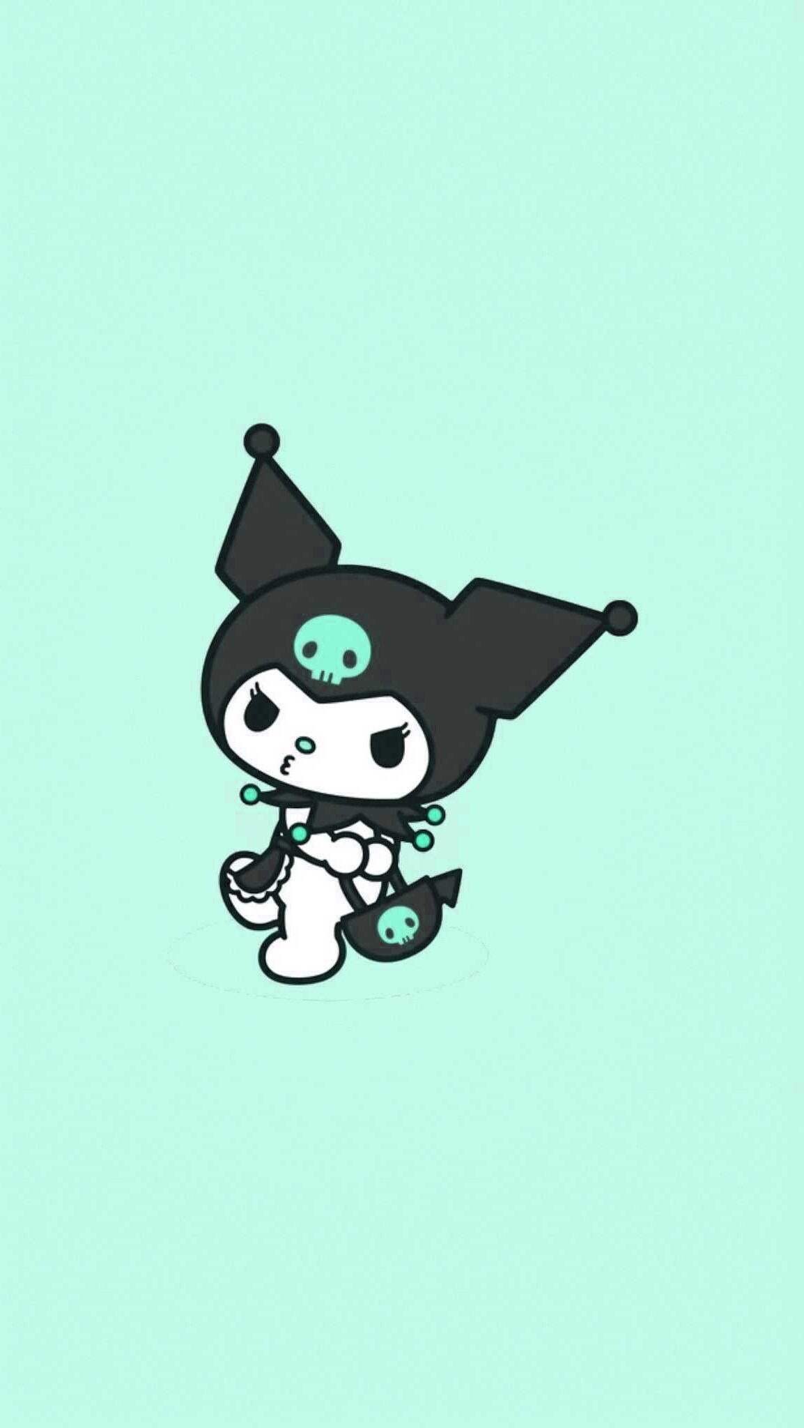 Kuromi, black skull handbag, mint green background, HD Phone wallpaper