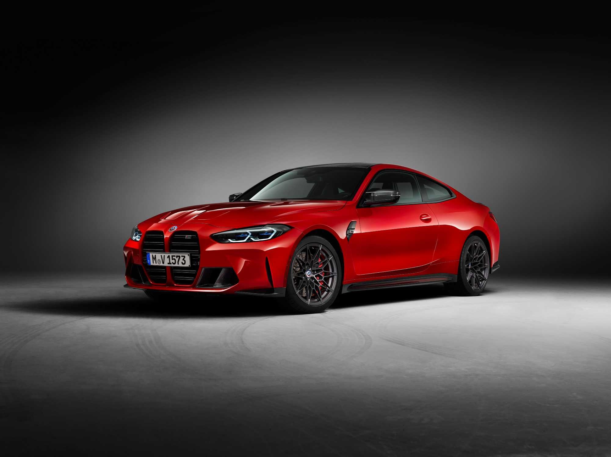 BMW M4 Competition Coupe, Toronto Red metallic paint, Dark studio photoshoot, HD Desktop wallpaper