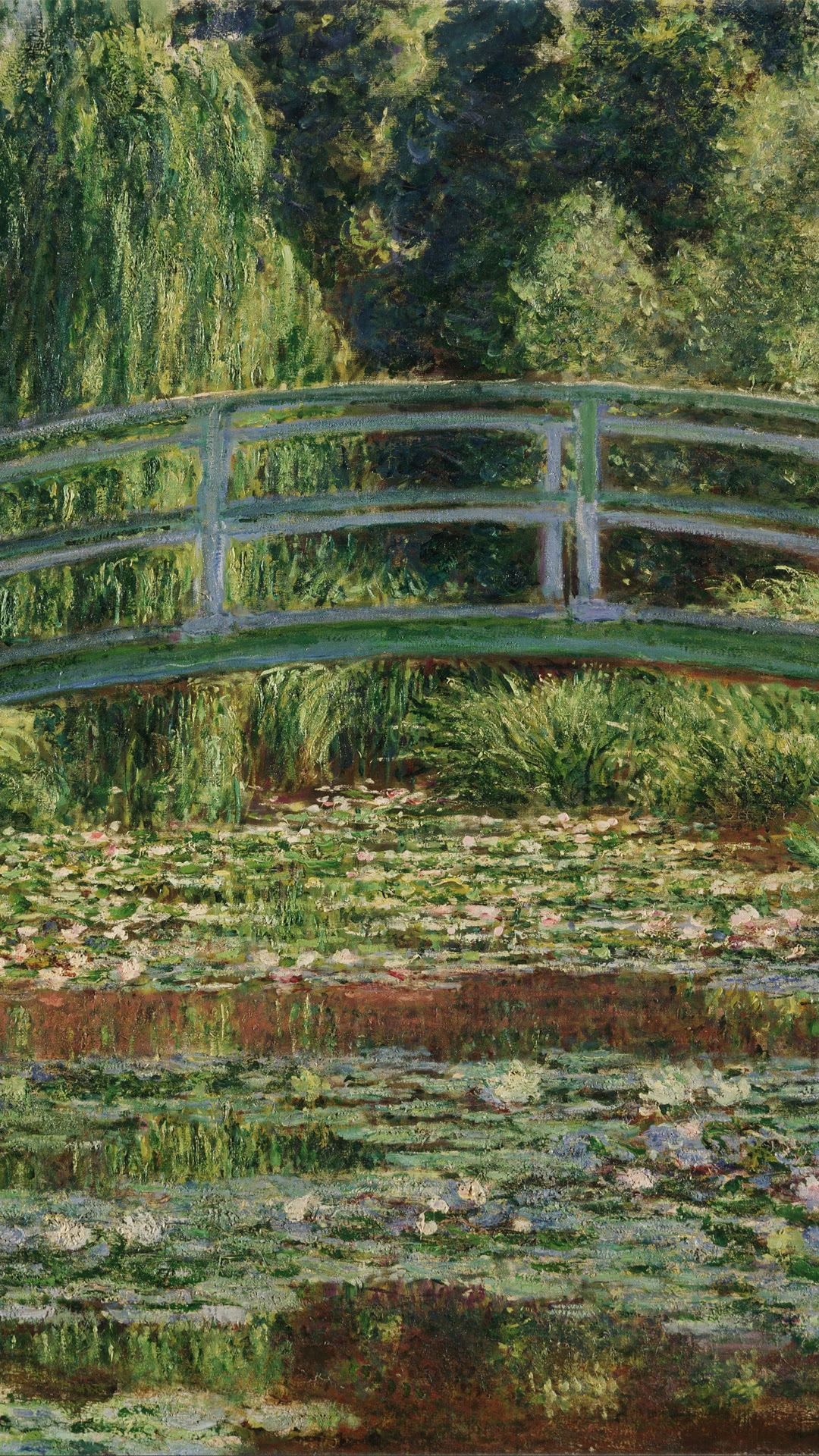 The Water Lily Pond, green Japanese footbridge, blooming water lilies, Full HD Phone wallpaper