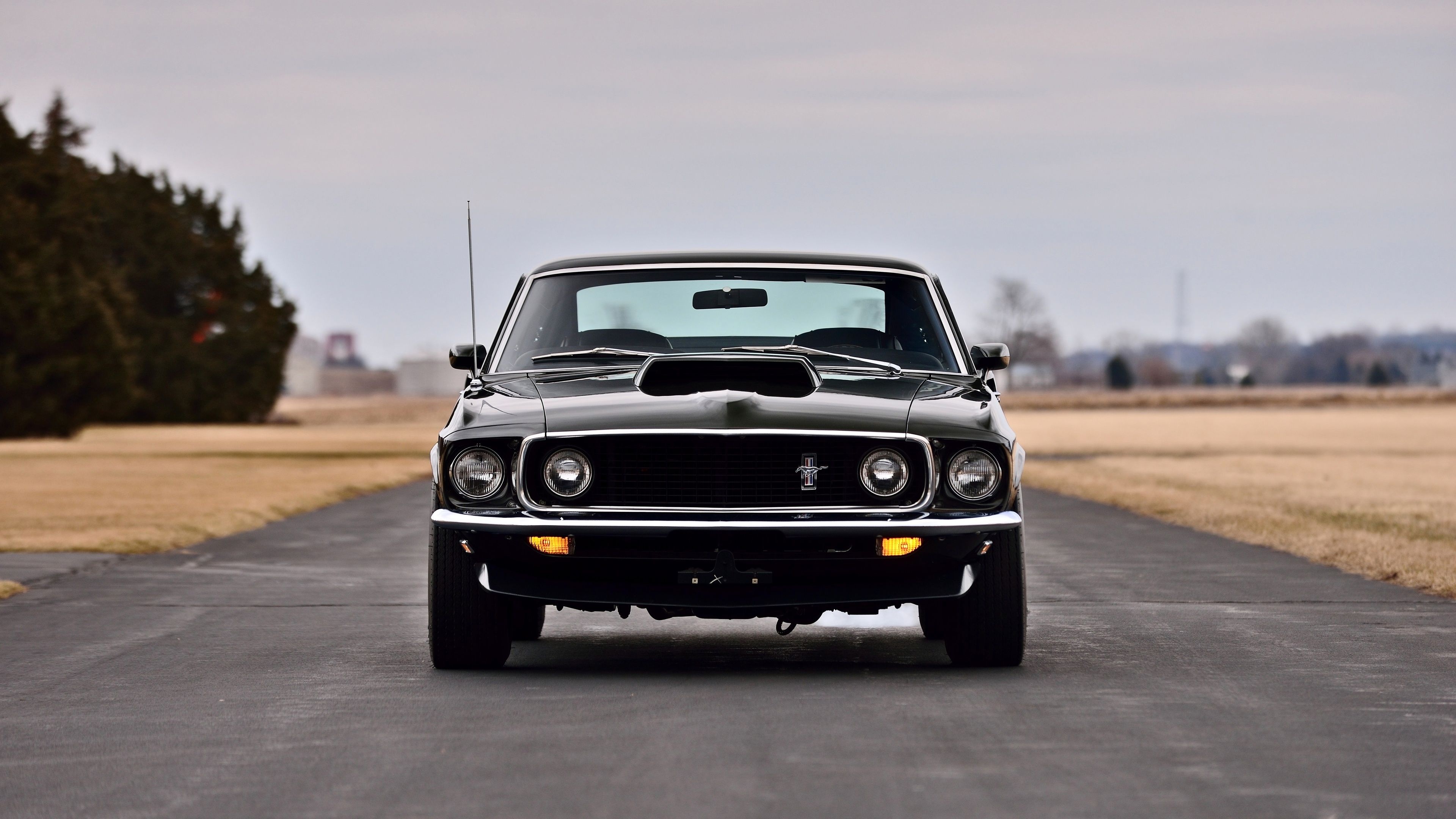 1969 Ford Mustang Mach 1, Shaker hood scoop, Rural asphalt road, 4K Desktop wallpaper