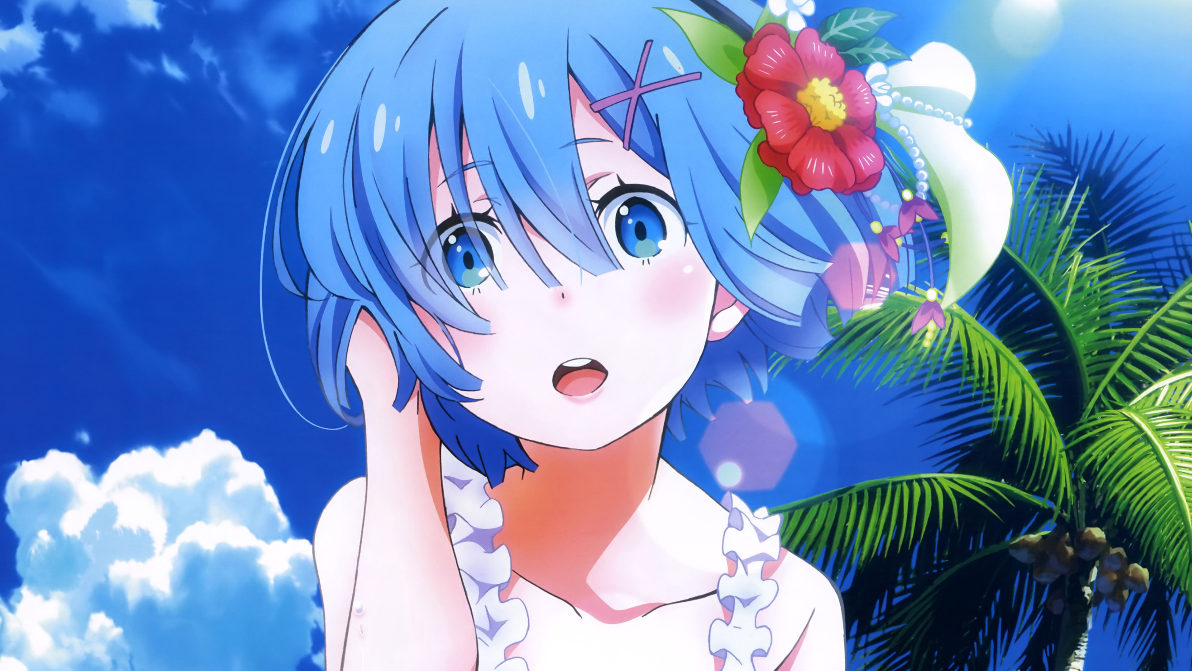 Rem, Hibiscus flower hair accessory, Sunny tropical beach sky, 4K Desktop wallpaper