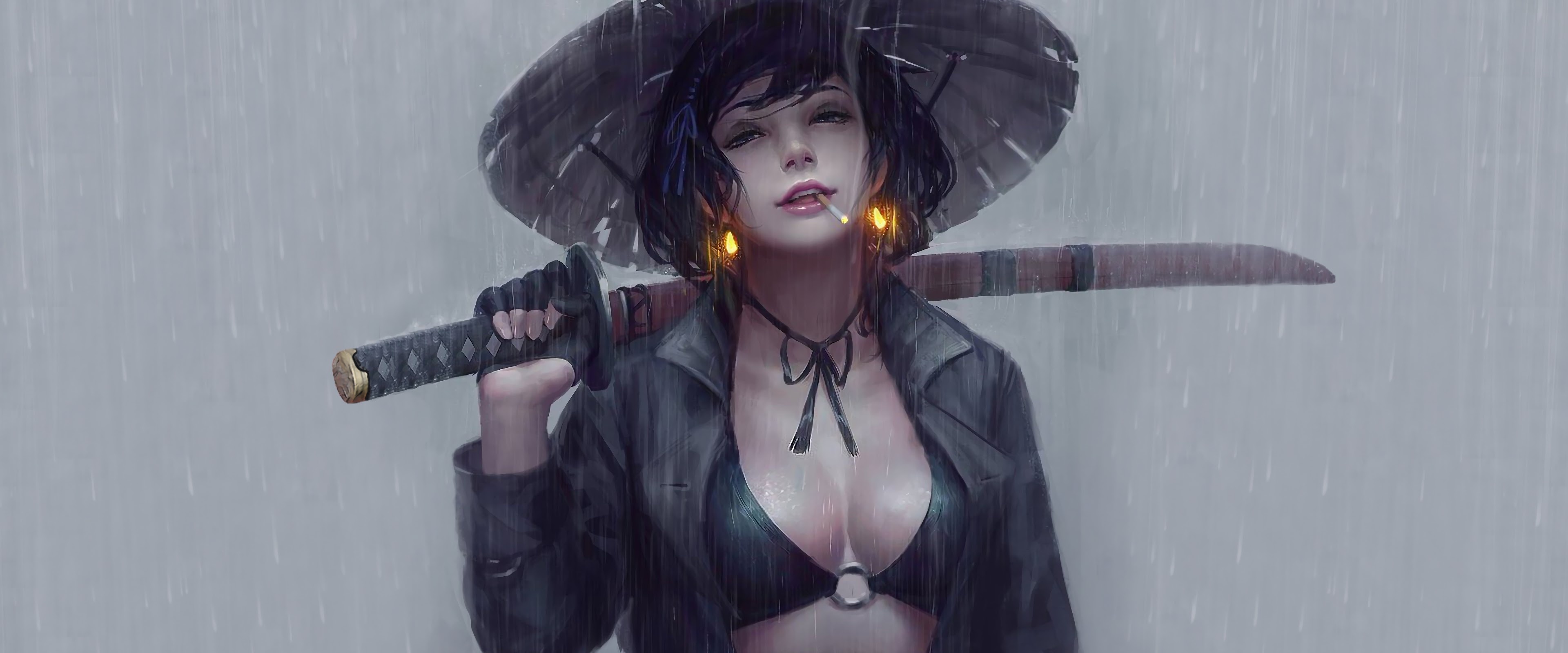 Smoking female samurai, Katana over shoulder, Conical straw hat, Dual Screen Desktop wallpaper