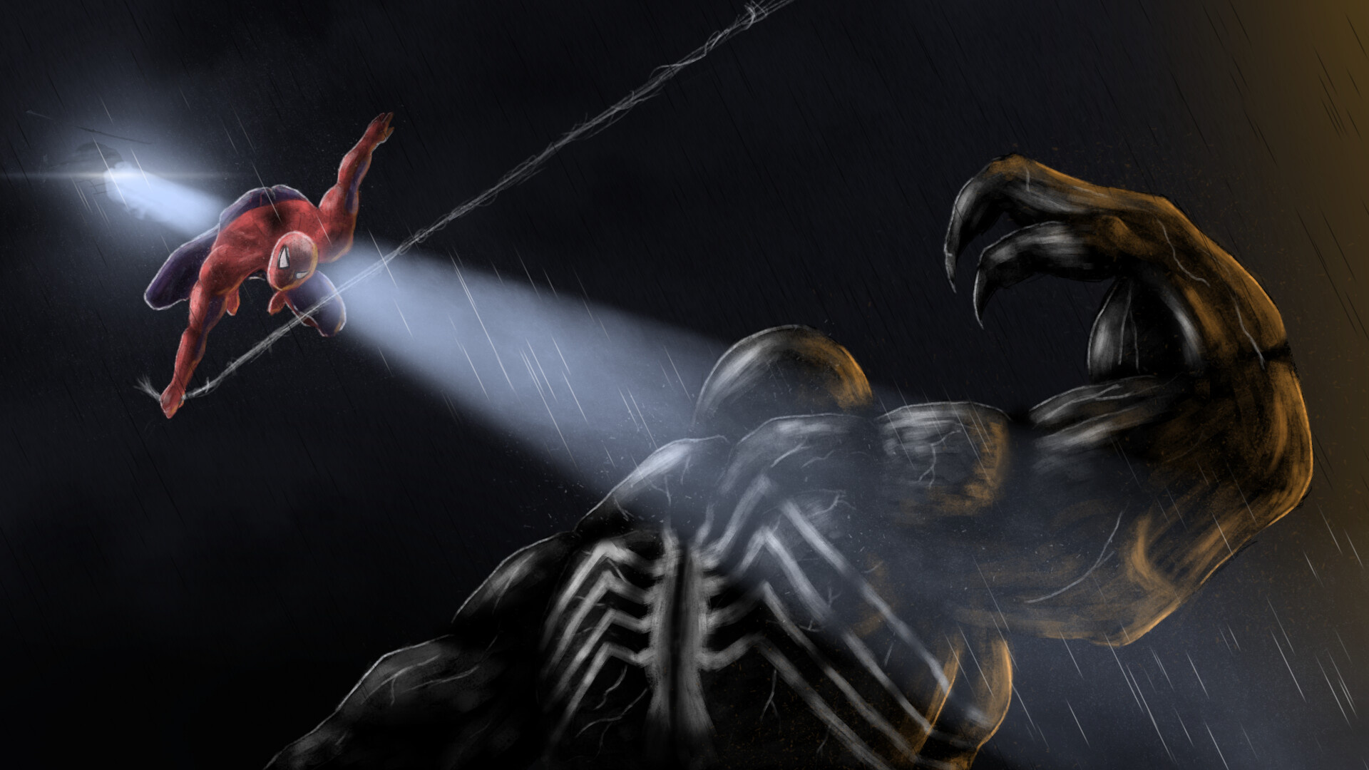 Spider-Man web swinging, Venom symbiote, Helicopter spotlight in rain, Full HD Desktop wallpaper