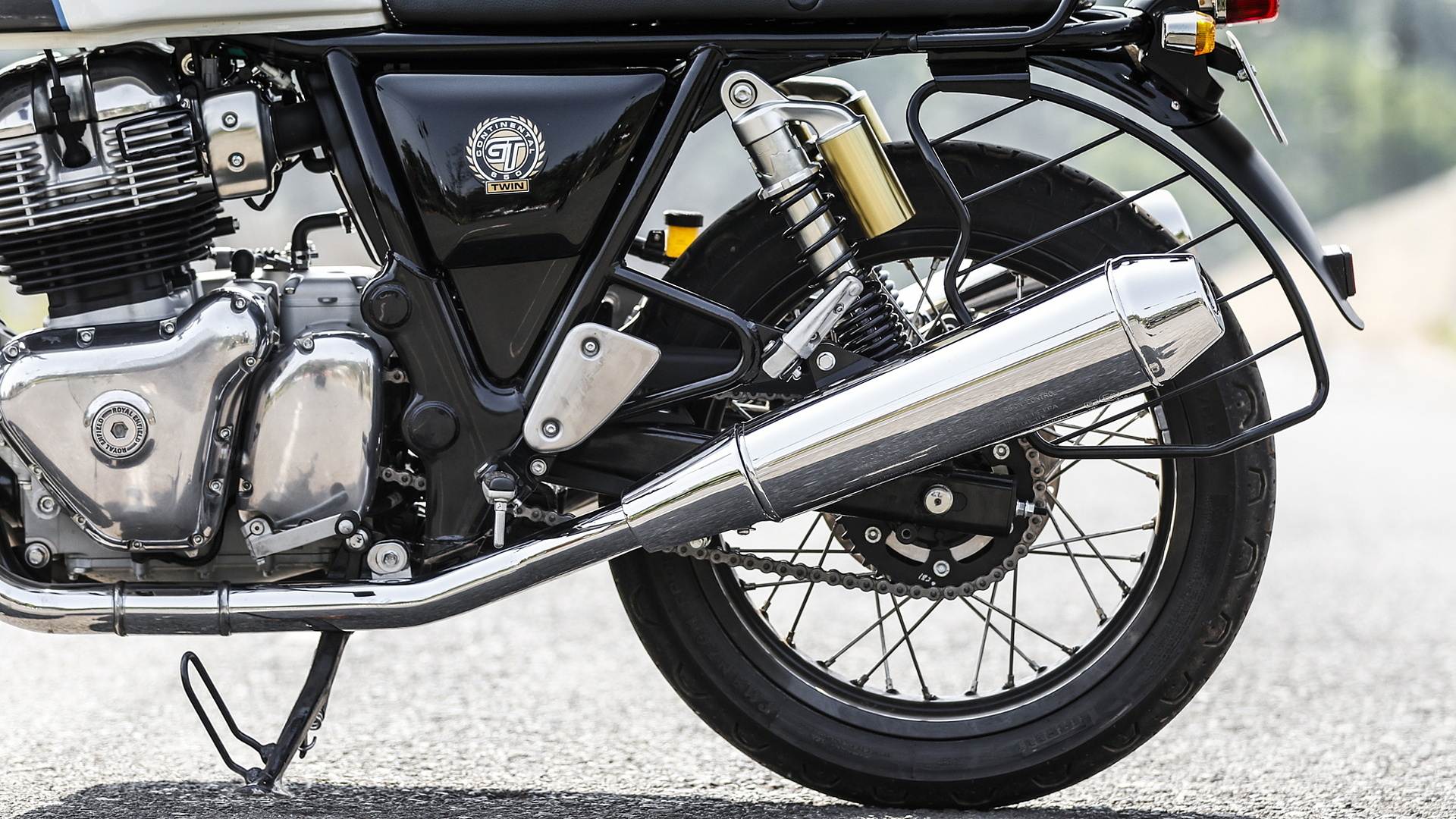 Royal Enfield Continental GT 650, Chrome exhaust pipe, Spoked rear wheel, Full HD Desktop wallpaper