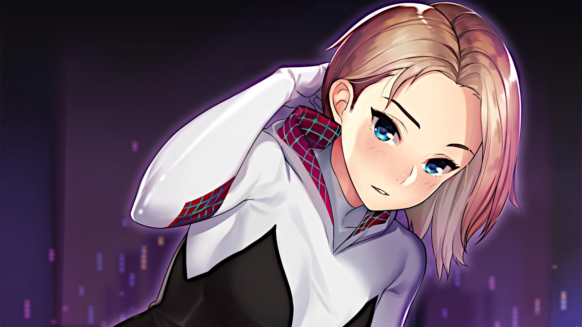 Spider-Gwen (Gwen Stacy), Patterned hood lining, Dark purple cityscape, Full HD Desktop wallpaper