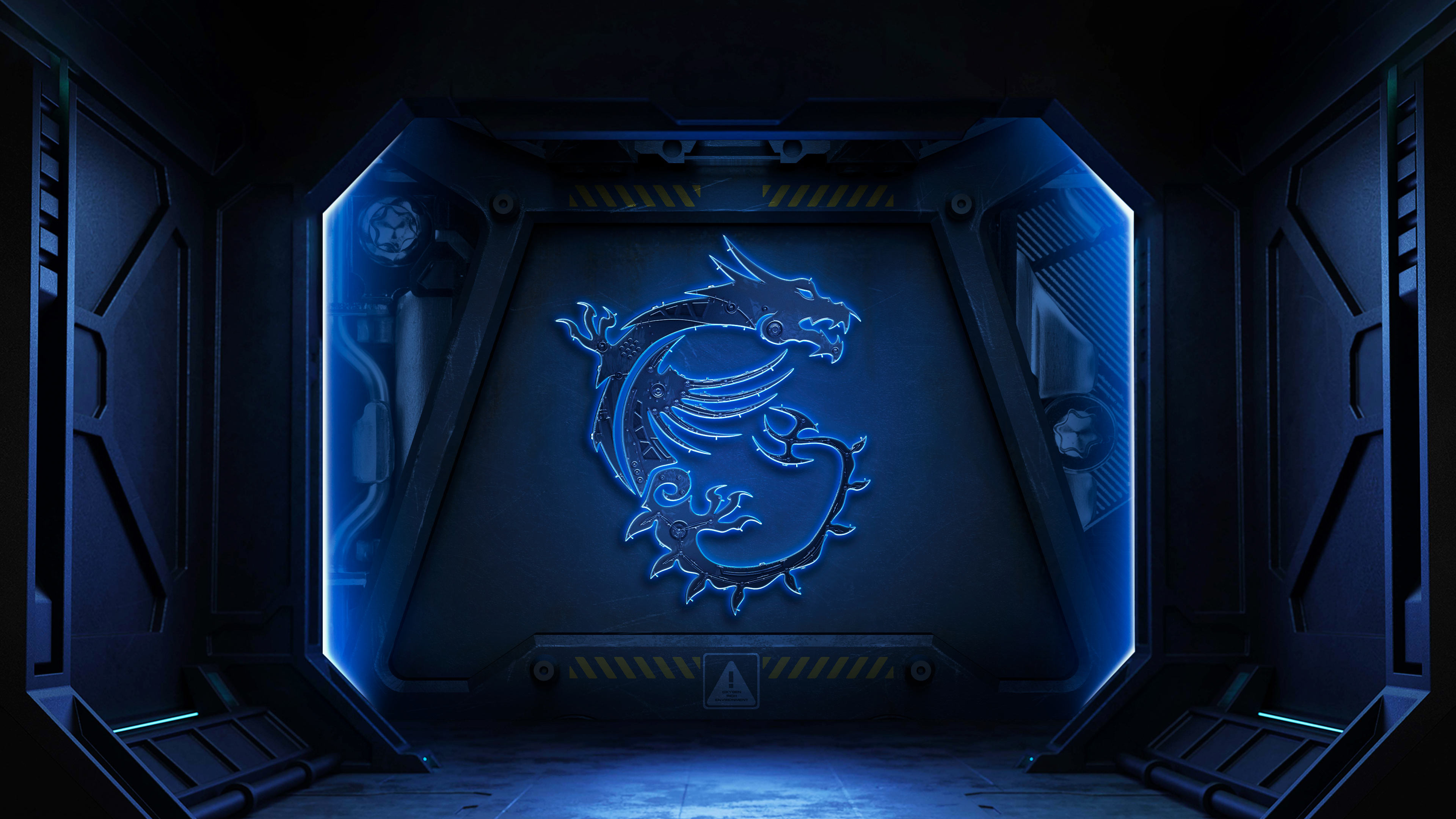 MSI Gaming dragon emblem, futuristic sci-fi corridor, blue neon lighting, 4K Desktop wallpaper