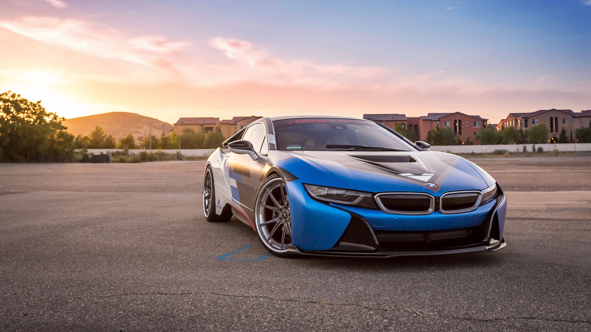 Vorsteiner BMW i8, VORSTEINER windshield banner, golden hour sunset, Full HD Desktop wallpaper