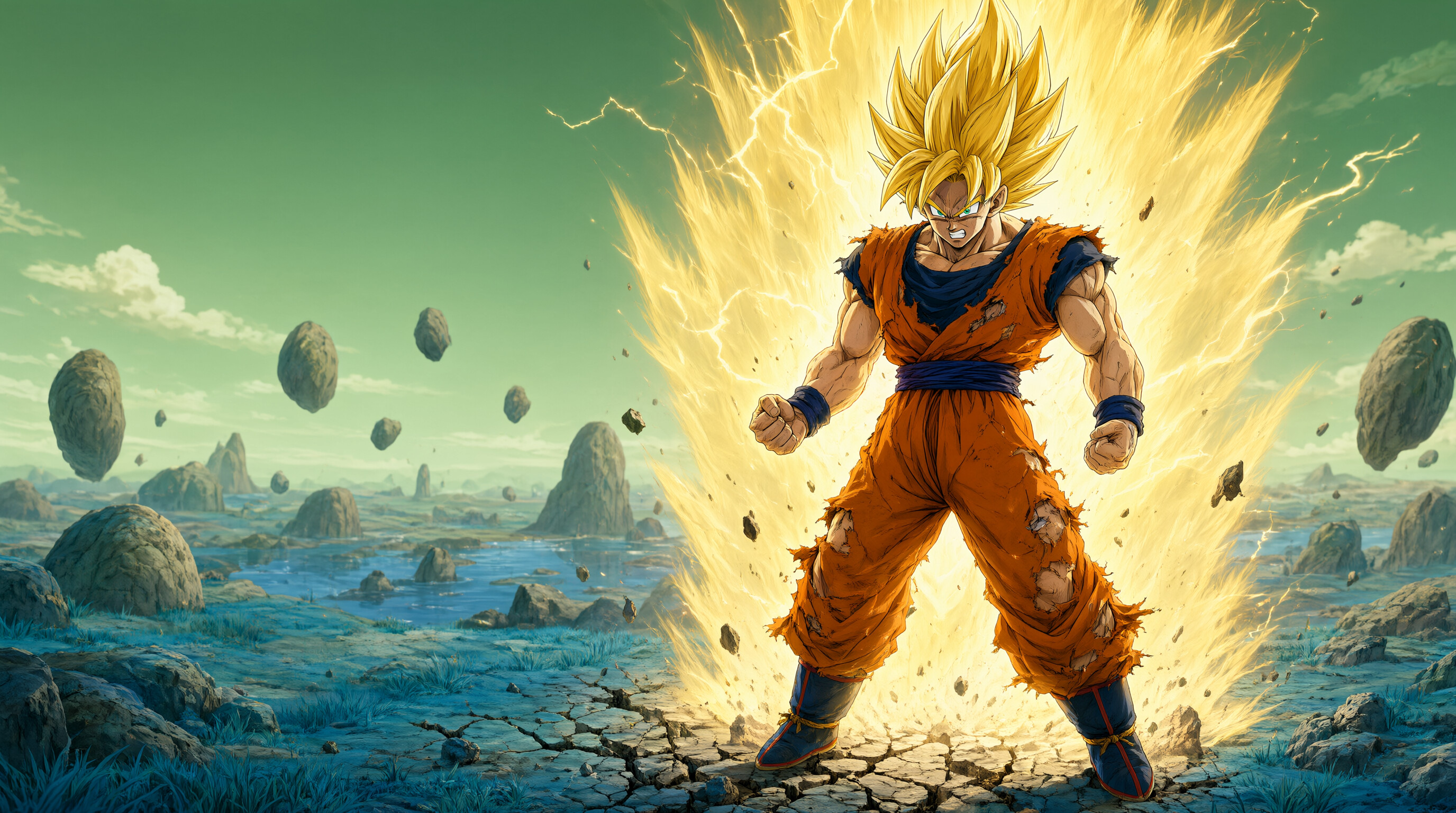 Goku, Super Saiyan, Planet Namek, Golden aura column, Floating rocks, Green sky, Dragon Ball Z, HD Desktop wallpaper