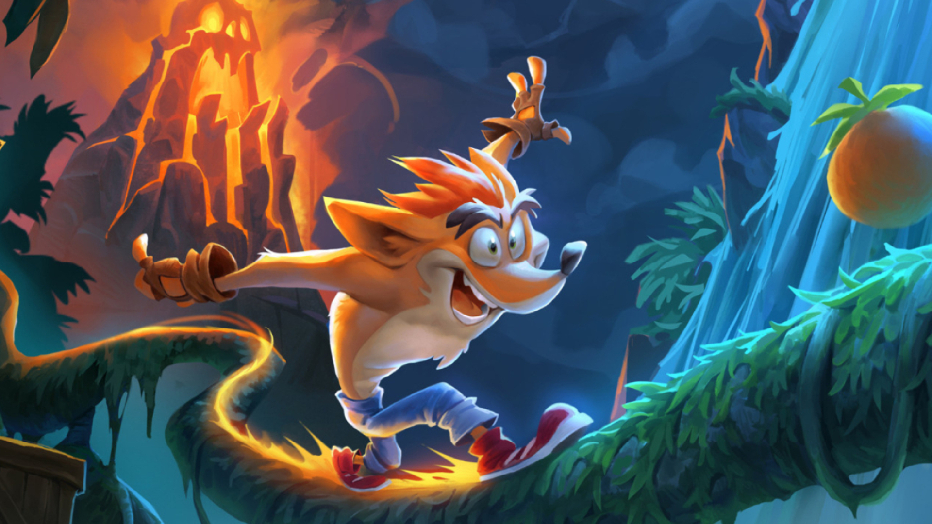 Crash Bandicoot, Wumpa Fruit, Erupting jungle volcano, Full HD Desktop wallpaper