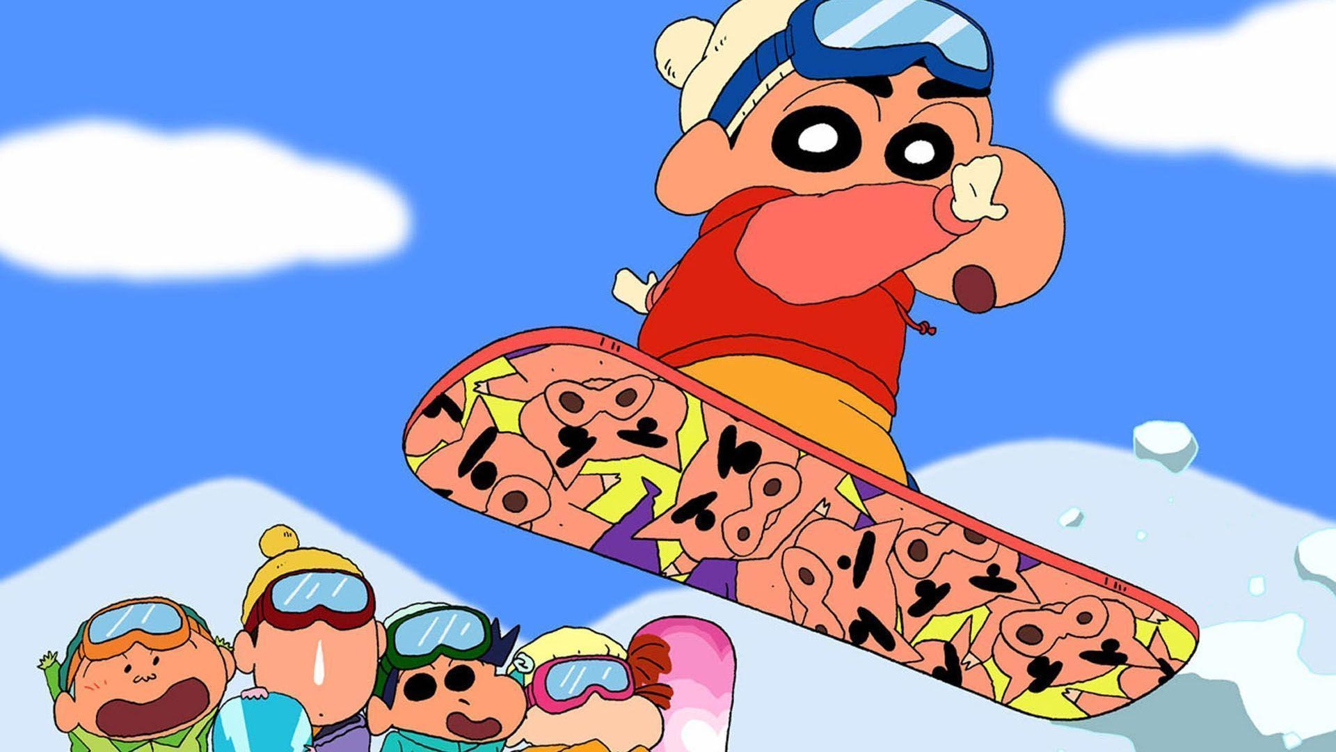 Shinnosuke Nohara, Kasukabe Defense Force, Shin-chan printed snowboard, Snowy ski slope, Full HD Desktop wallpaper
