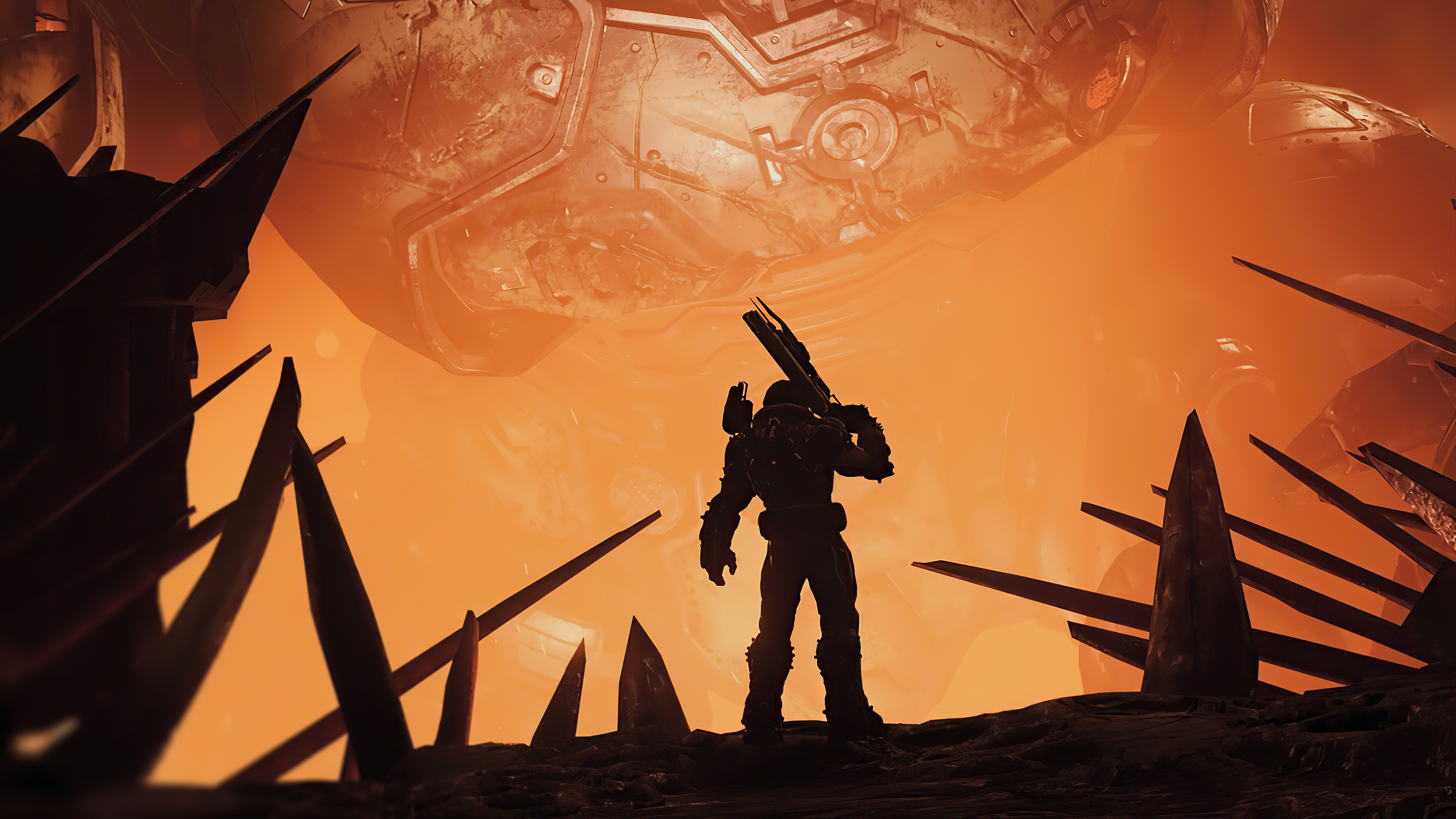 Doom Slayer, Sentinel Atlan mech, fiery Hell landscape, 4K Desktop wallpaper