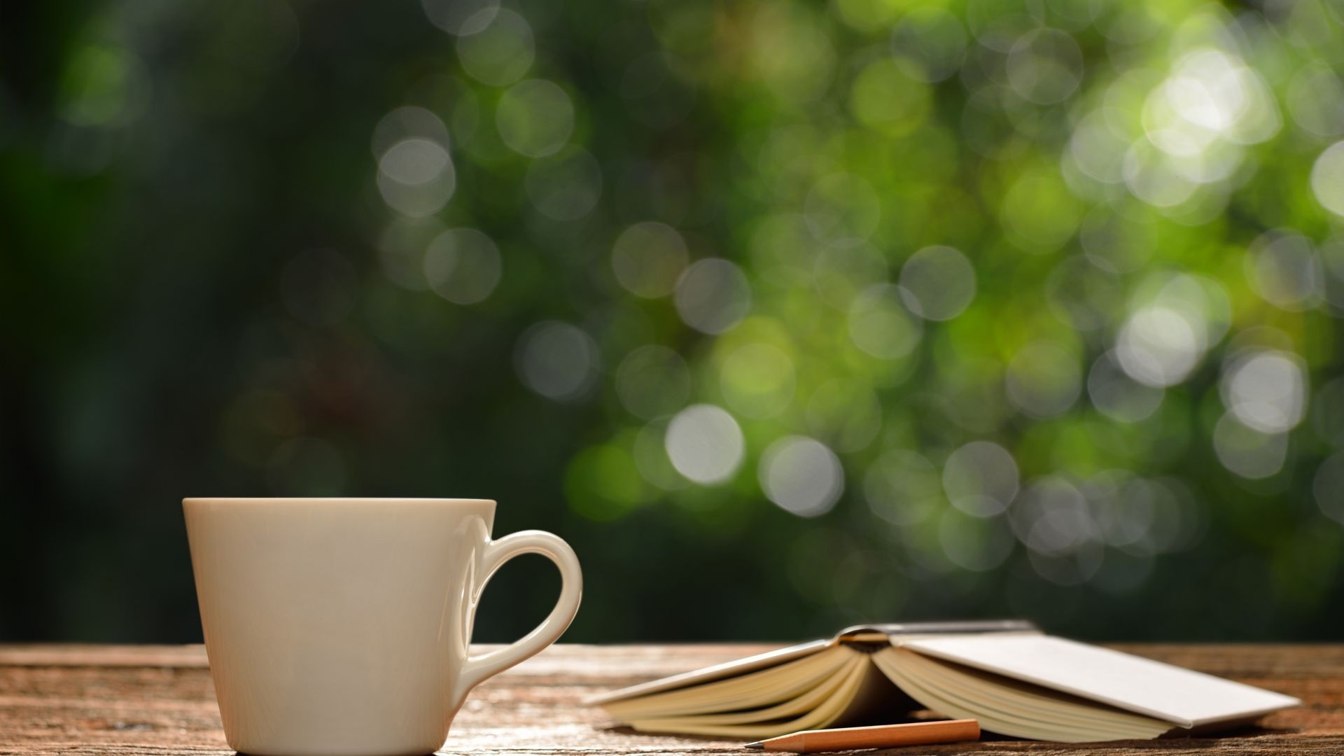 Desktop wallpaper, Coffee cup book, Bokeh effect, Relaxing ambiance, 1920x1080 Full HD Desktop