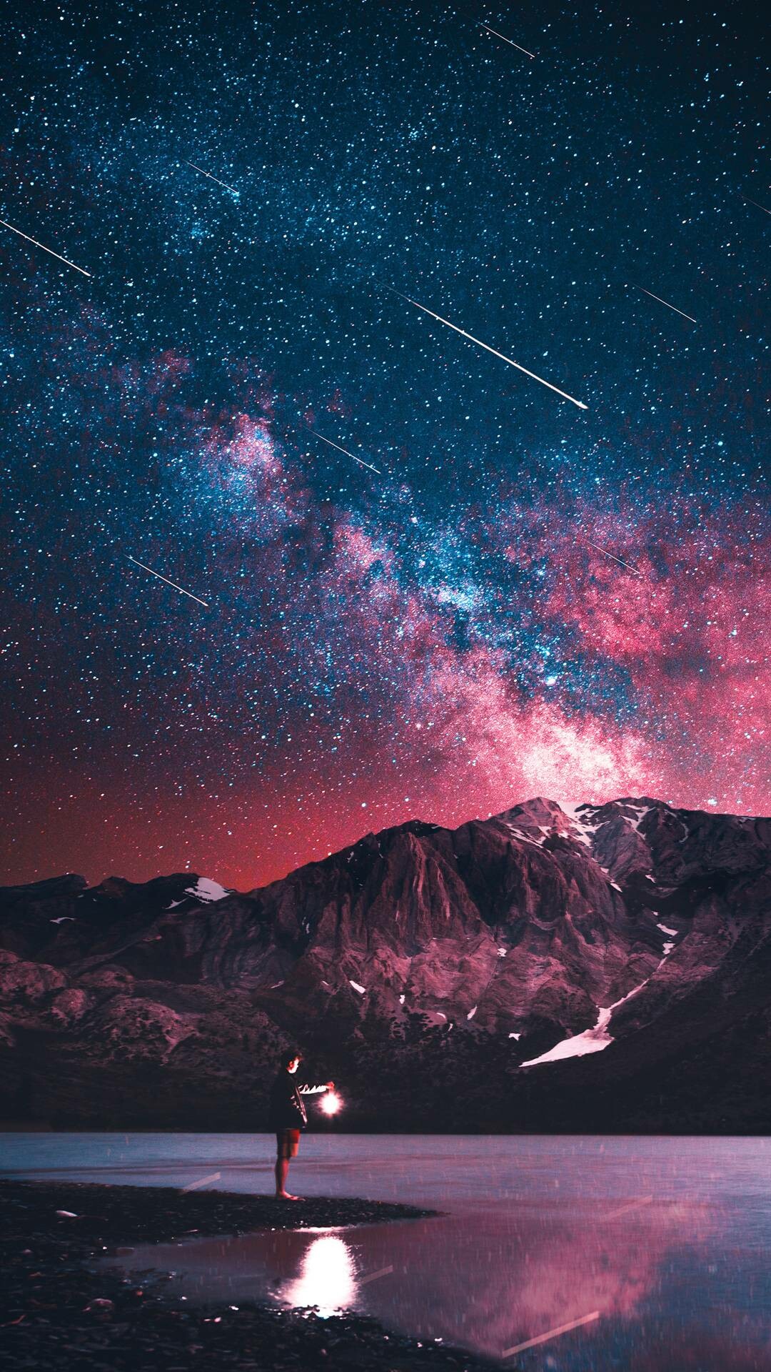 Starry night sky, Shooting meteors, Man's silhouette, iPhone wallpaper, 1080x1920 Full HD Phone