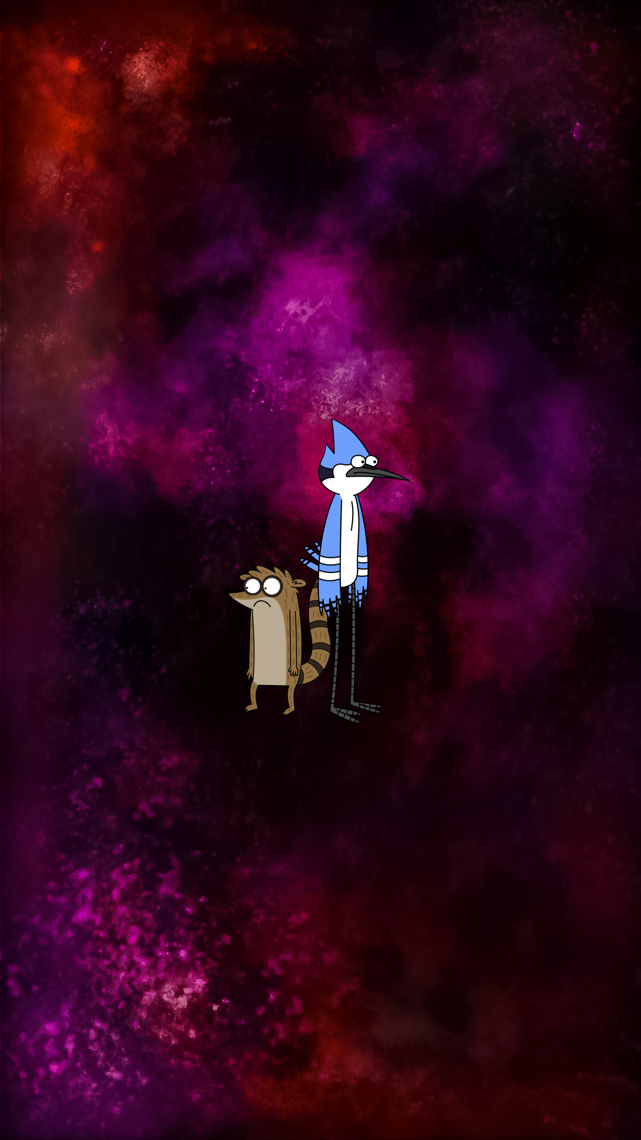 Mordecai blue jay, Rigby raccoon, Purple and red nebula, Regular Show, 4K Phone wallpaper