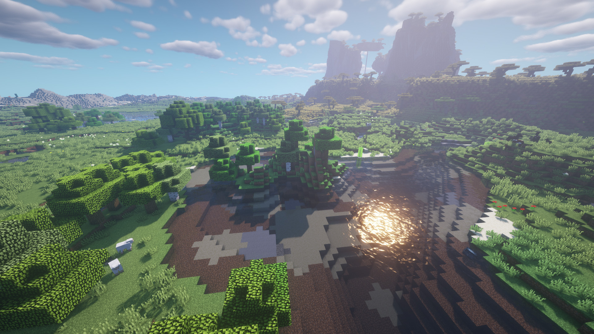 Minecraft windswept savanna, Minecraft shader water reflection, Minecraft plains forest biome, Full HD Desktop wallpaper