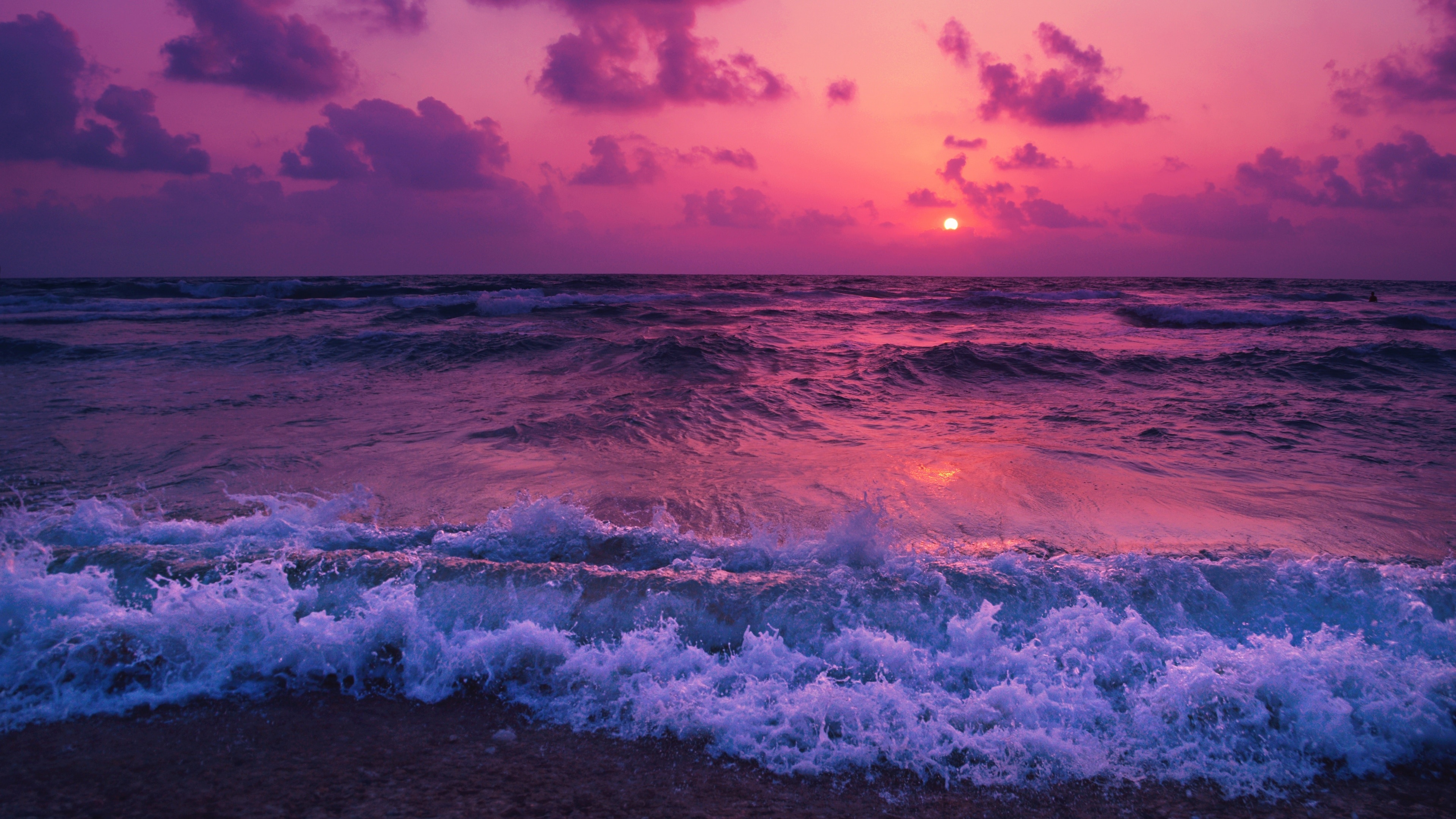 Crashing ocean wave foam, Purple sunset sky, Setting sun over sea, 4K Desktop wallpaper