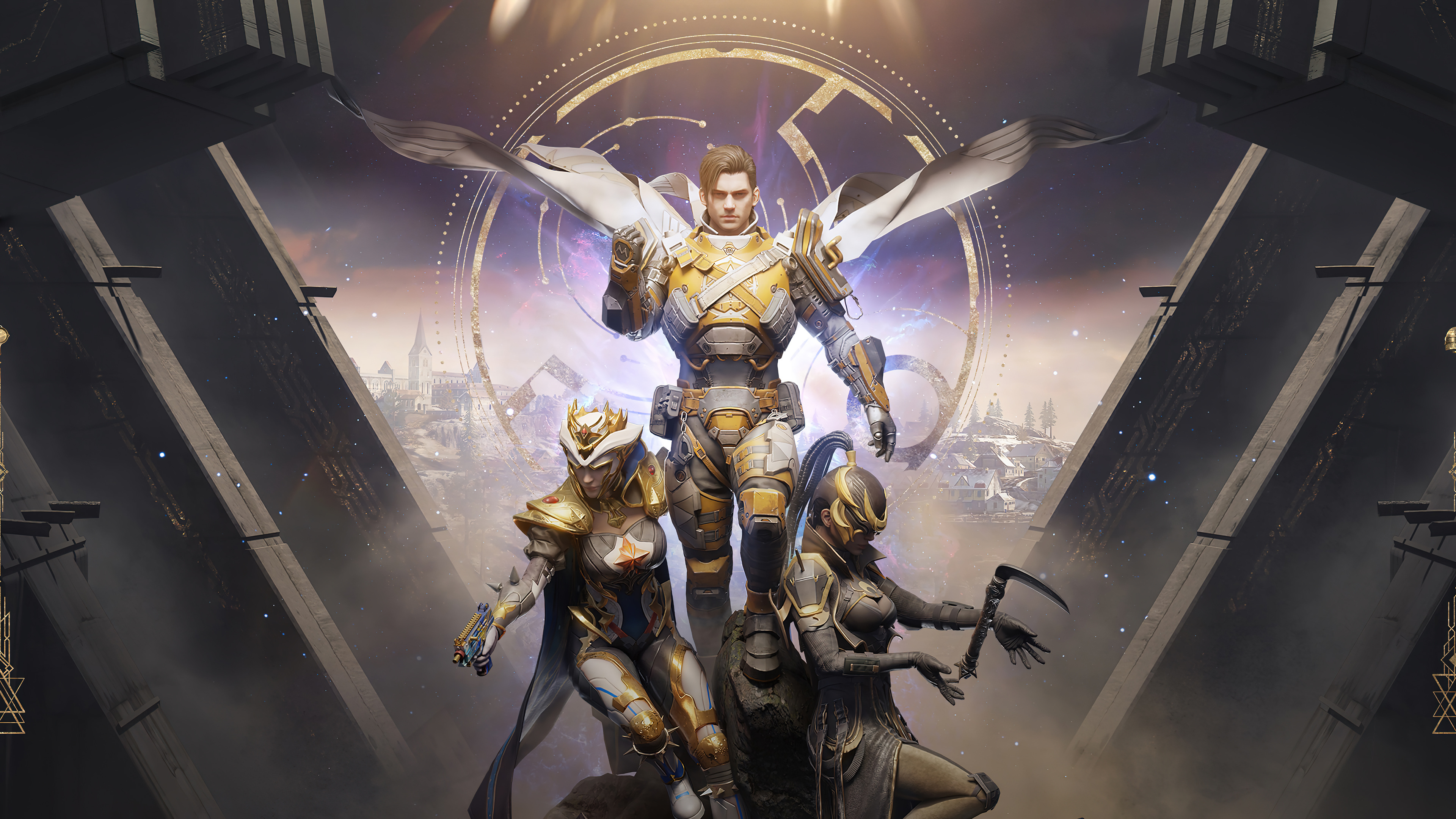 gold armored male warrior, masked female with scythe, golden crowned female soldier, celestial astrolabe ring, 4K Desktop wallpaper