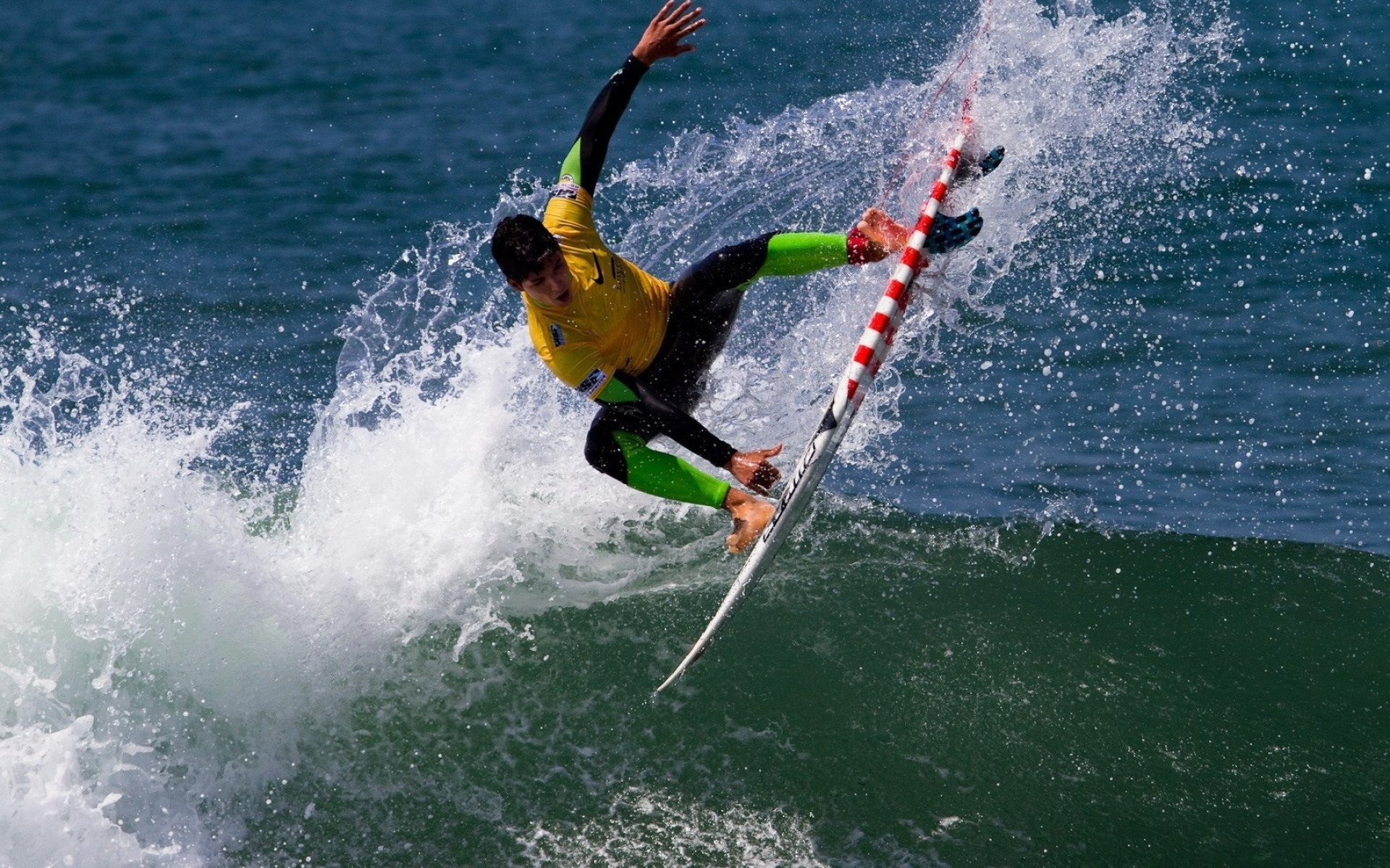 Man on surfboard, Athletic movement, Sunlit waves, Adrenaline rush, 1920x1200 HD Desktop