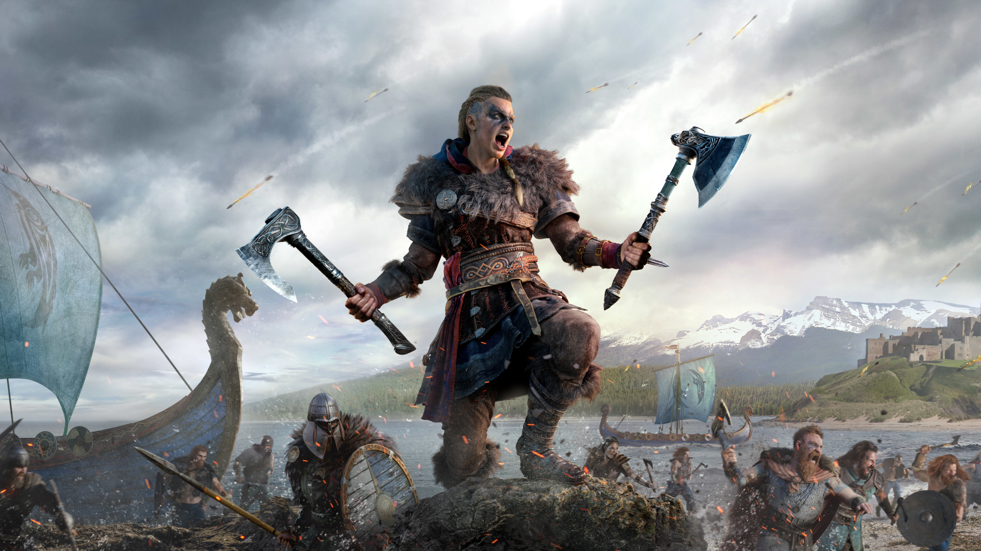 Female Eivor Varinsdottir, Viking longship beach raid, Assassin's Creed Valhalla, Full HD Desktop wallpaper