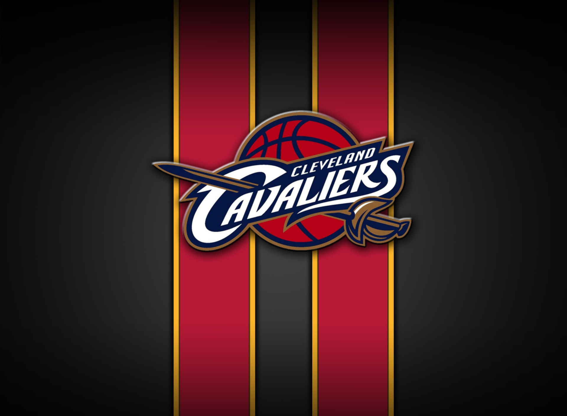 Cleveland Cavaliers script logo, Gold sword and basketball, Red black striped backdrop, HD Desktop wallpaper
