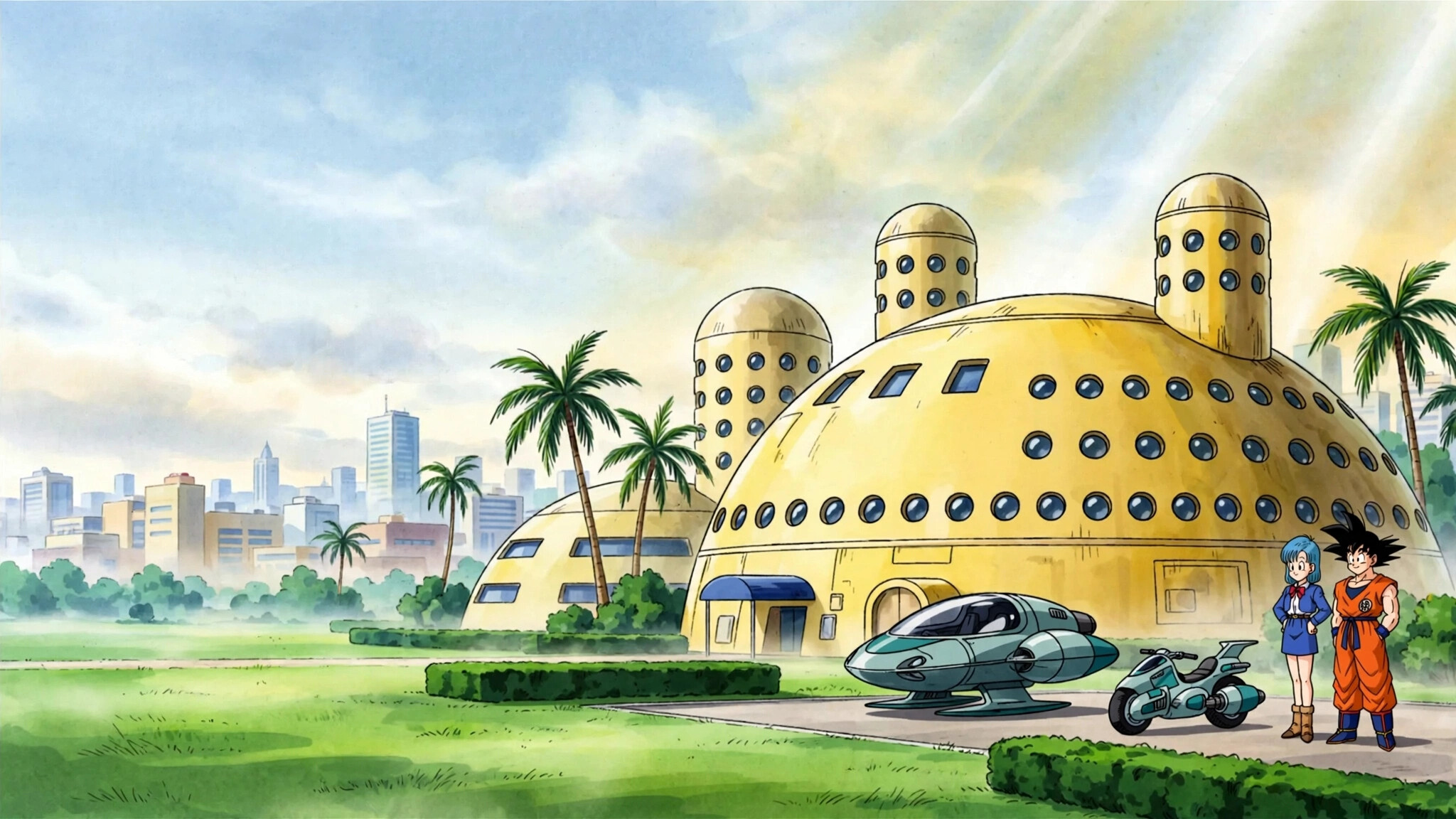 Capsule Corporation, Yellow dome building, Porthole windows, Capsule vehicles, West City skyline, Dragon Ball Z, HD Desktop wallpaper