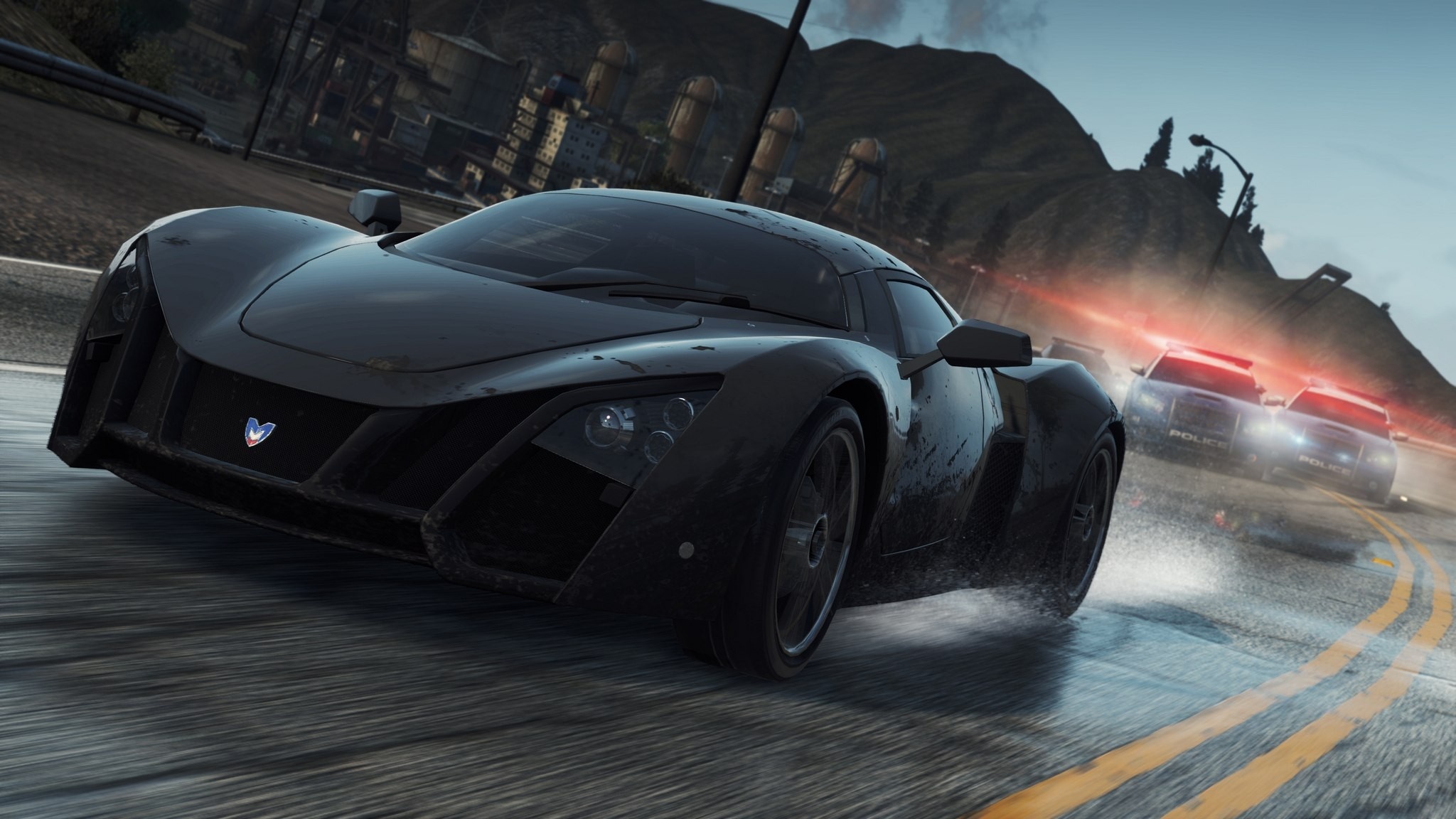 Marussia B2, police pursuit cruisers, wet mountain highway, HD Desktop wallpaper