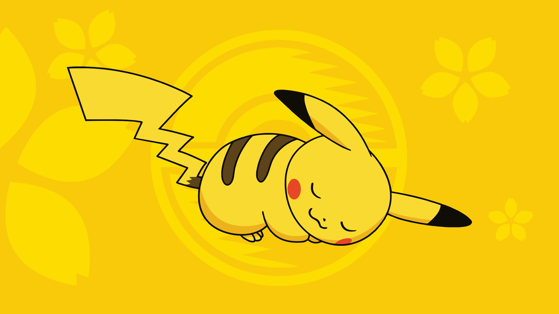 Sleeping Pikachu, Sakura flower silhouettes, Yellow graphic backdrop, Full HD Desktop wallpaper