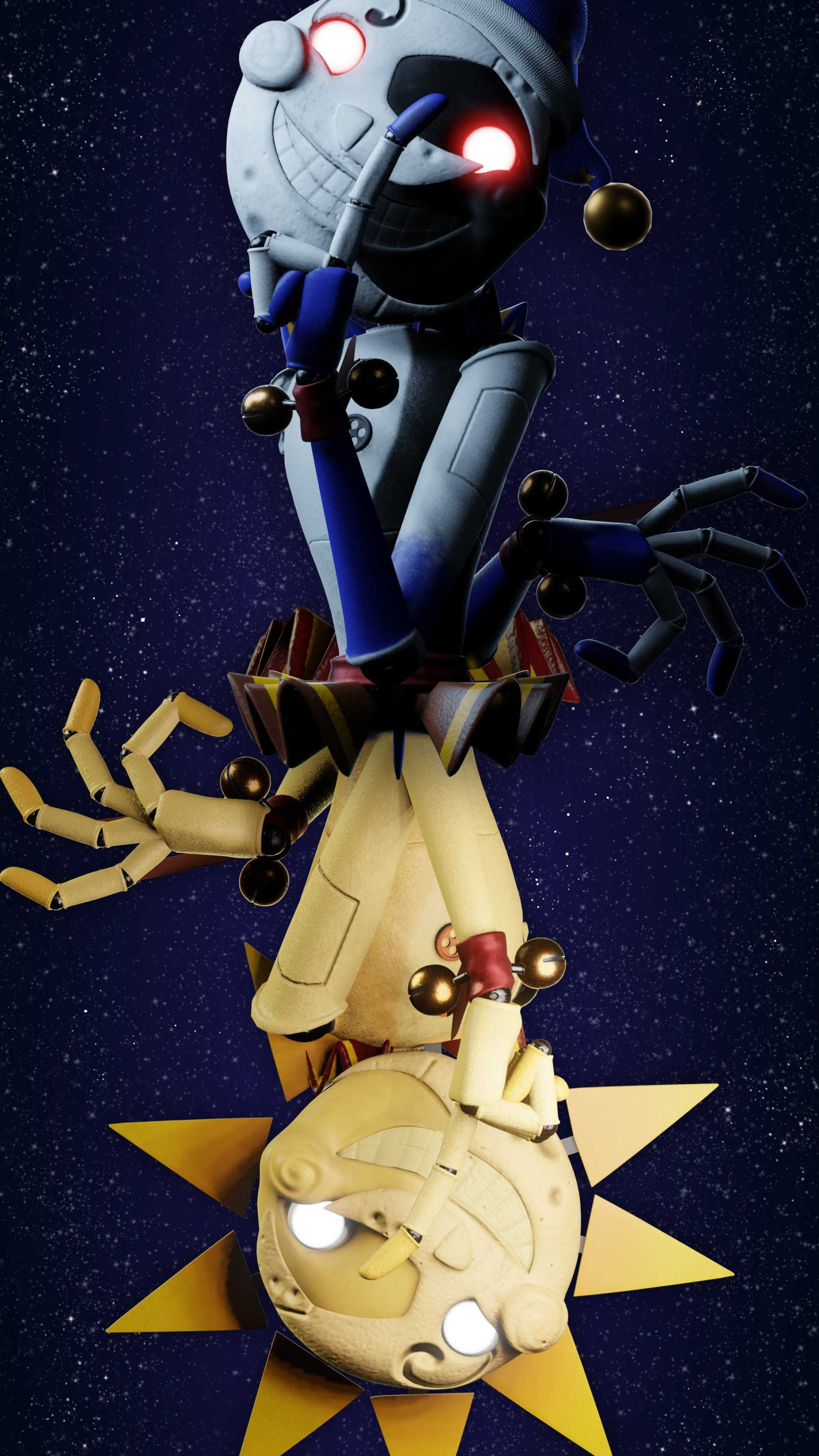 The Daycare Attendant, Sun and Moon animatronics, Starry night sky, 4K Phone wallpaper