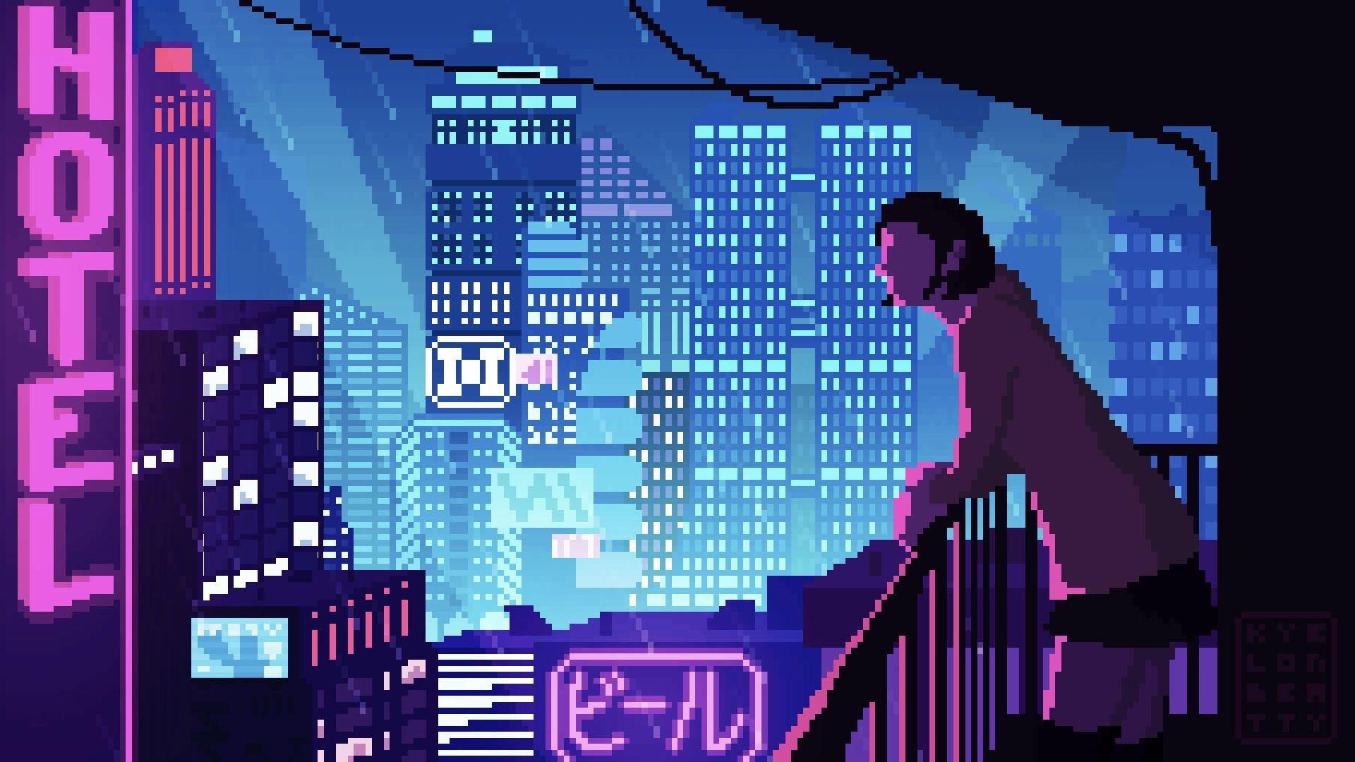 girl on balcony railing, neon HOTEL sign, cyberpunk pixel city skyline, Full HD Desktop wallpaper