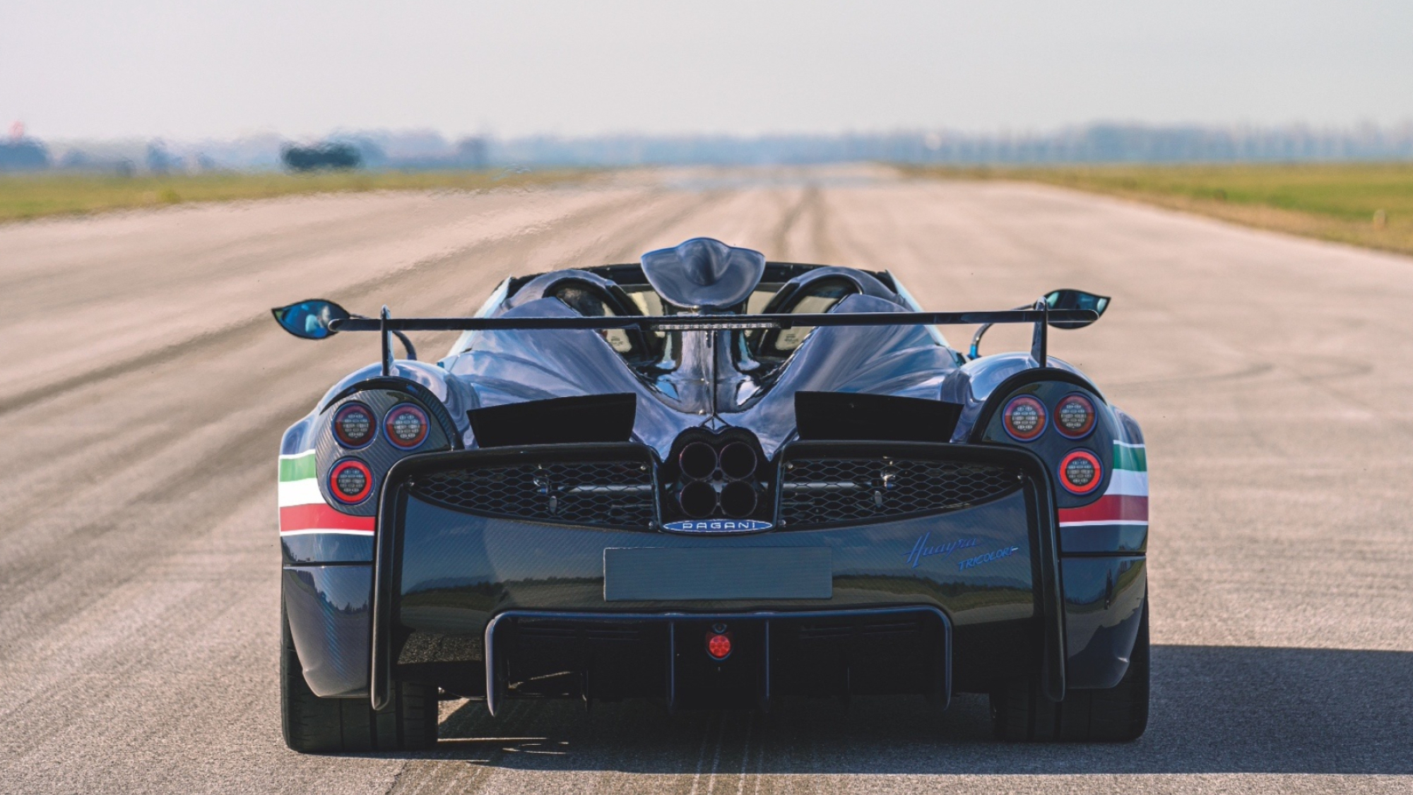 Pagani Huayra Tricolore, airport runway tarmac, quad exhaust pipes, HD Desktop wallpaper